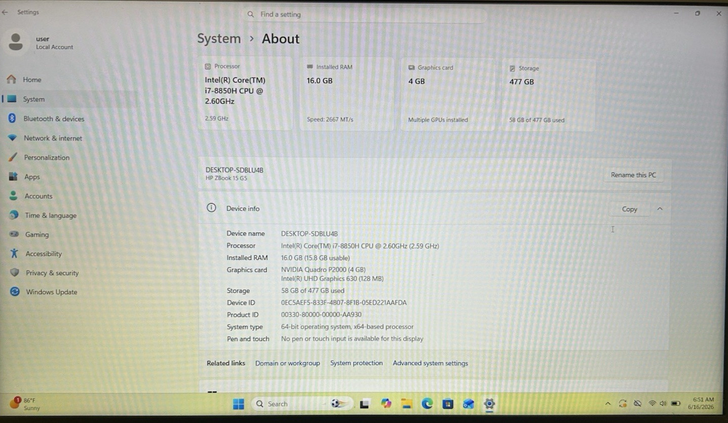 HP ZBook 15 G5 15″ Laptop i7-8850H 16GB RAM – 512GB NVMe – W11P – 4GB GFX – READ