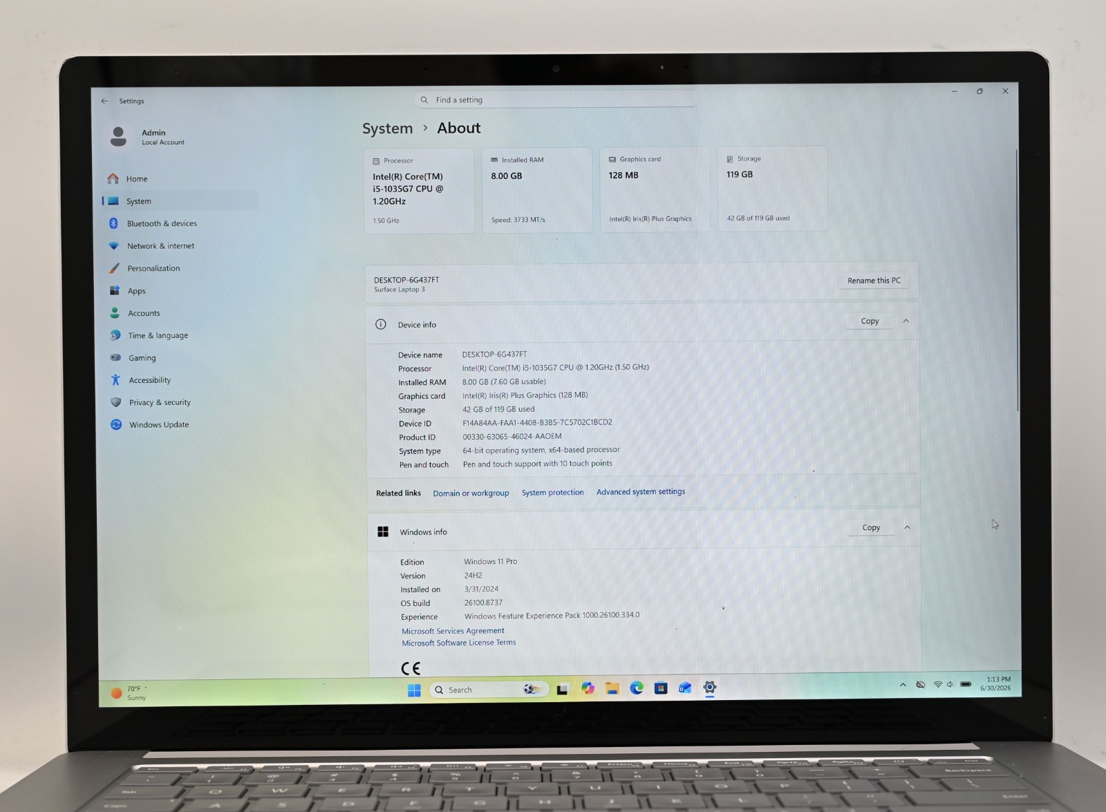Microsoft Surface Laptop 3 i5-1035G7 1.2GHz 8GB RAM 128GB SSD Windows 11 Pro