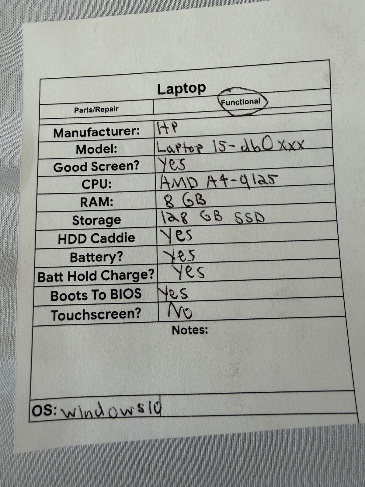 HP Laptop 15-dbOxxx – Good Screen – AMD A4-q125 – RAM 8 GB – Read Desc