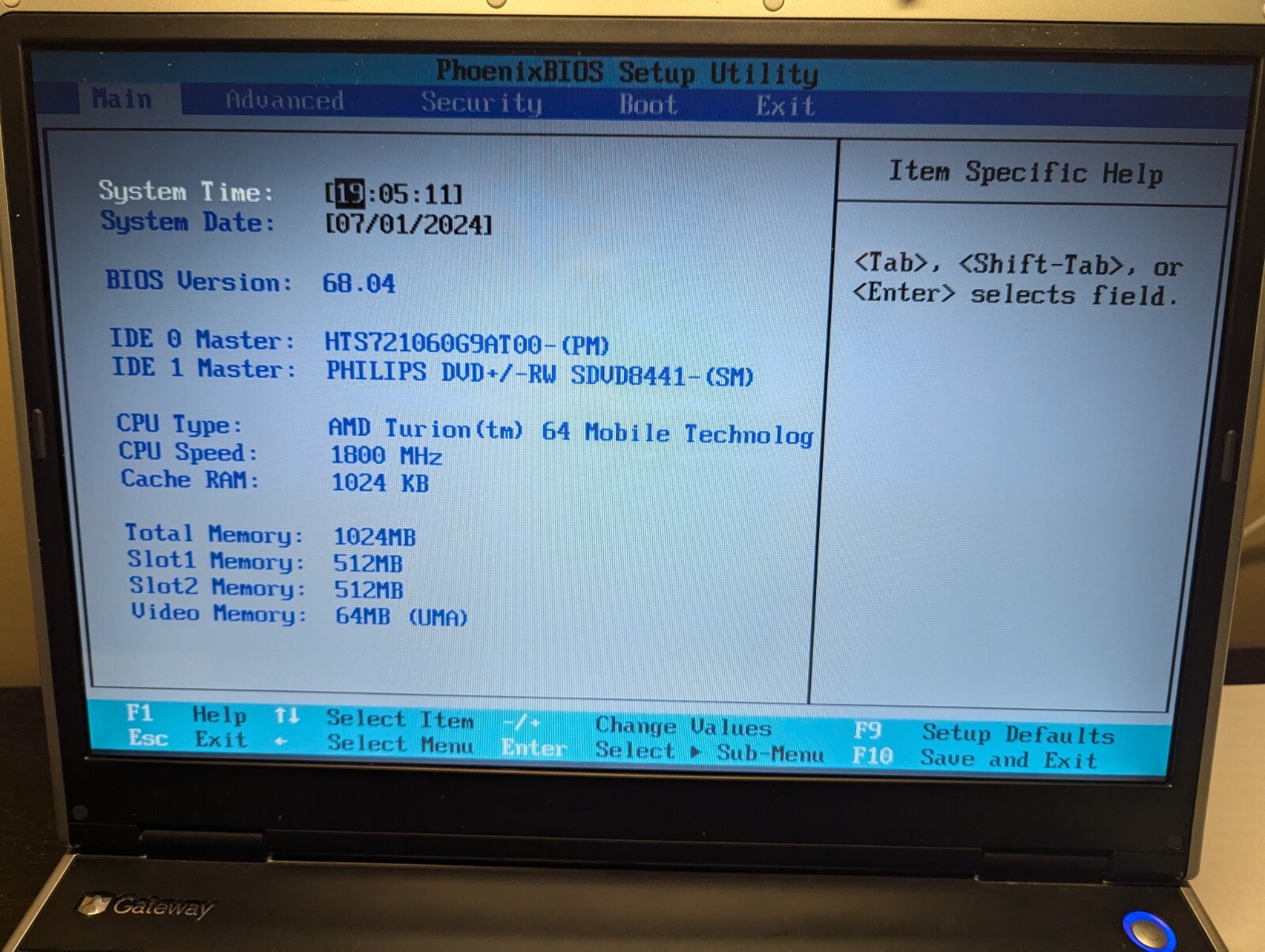 Gateway MX6442 AMD Turion 64 ML34 1.80 GHz 1 GB Ram 55.8 Gig HDD