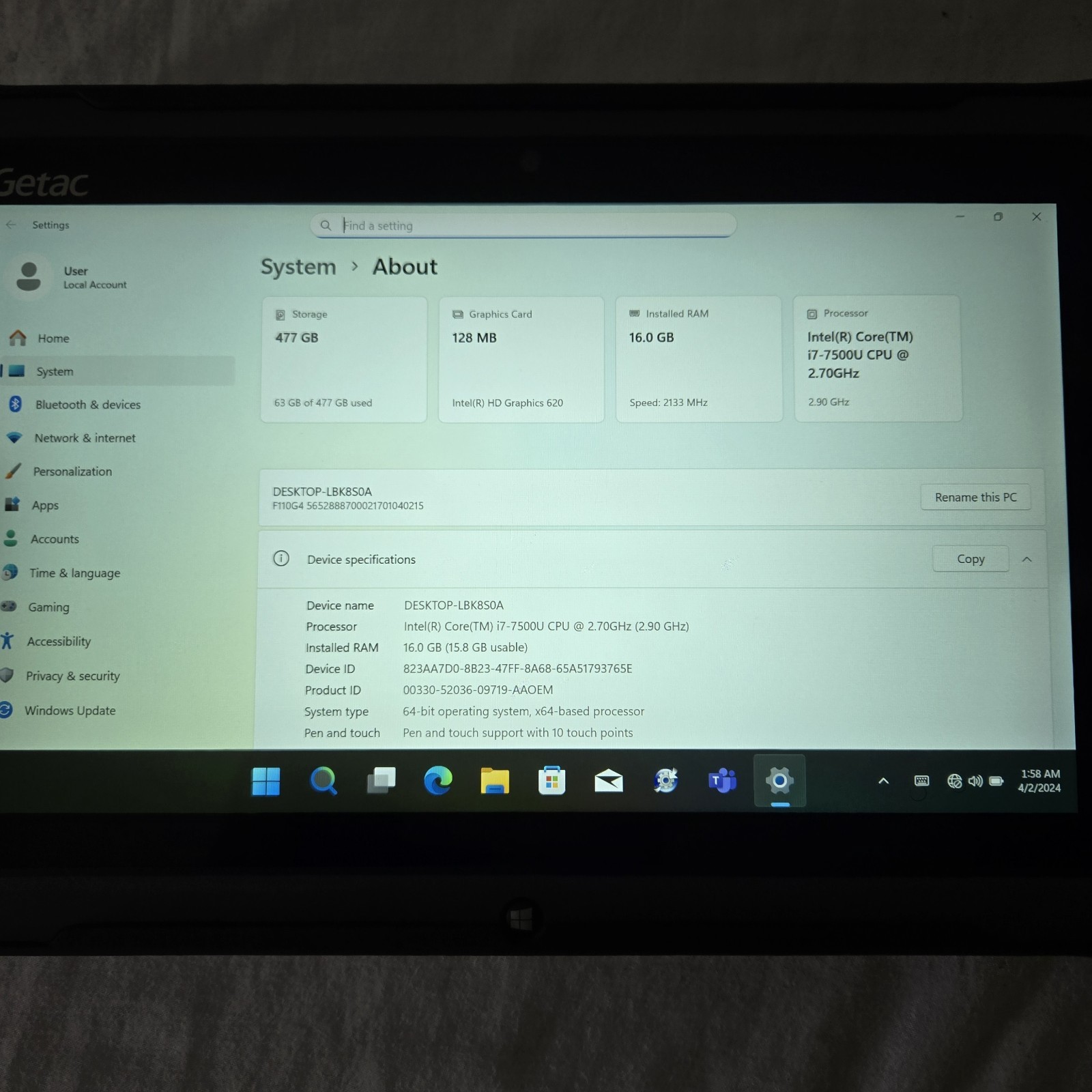 GETAC F110 G4 Rugged Tablet i7-7500U 2.70GHZ 512GB SSD 16GB | Win11P – 4G – GPS!