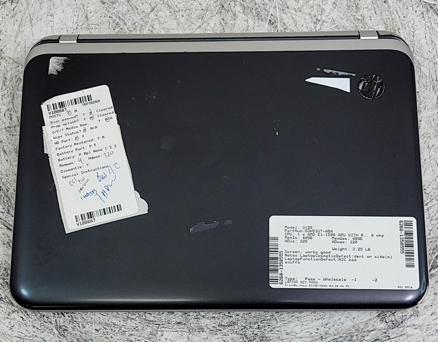HP 3125 D3H53UT#ABA Laptop AMD E1-1500 APU WITH RADEON HD 4GB 320GB SEE NOTES