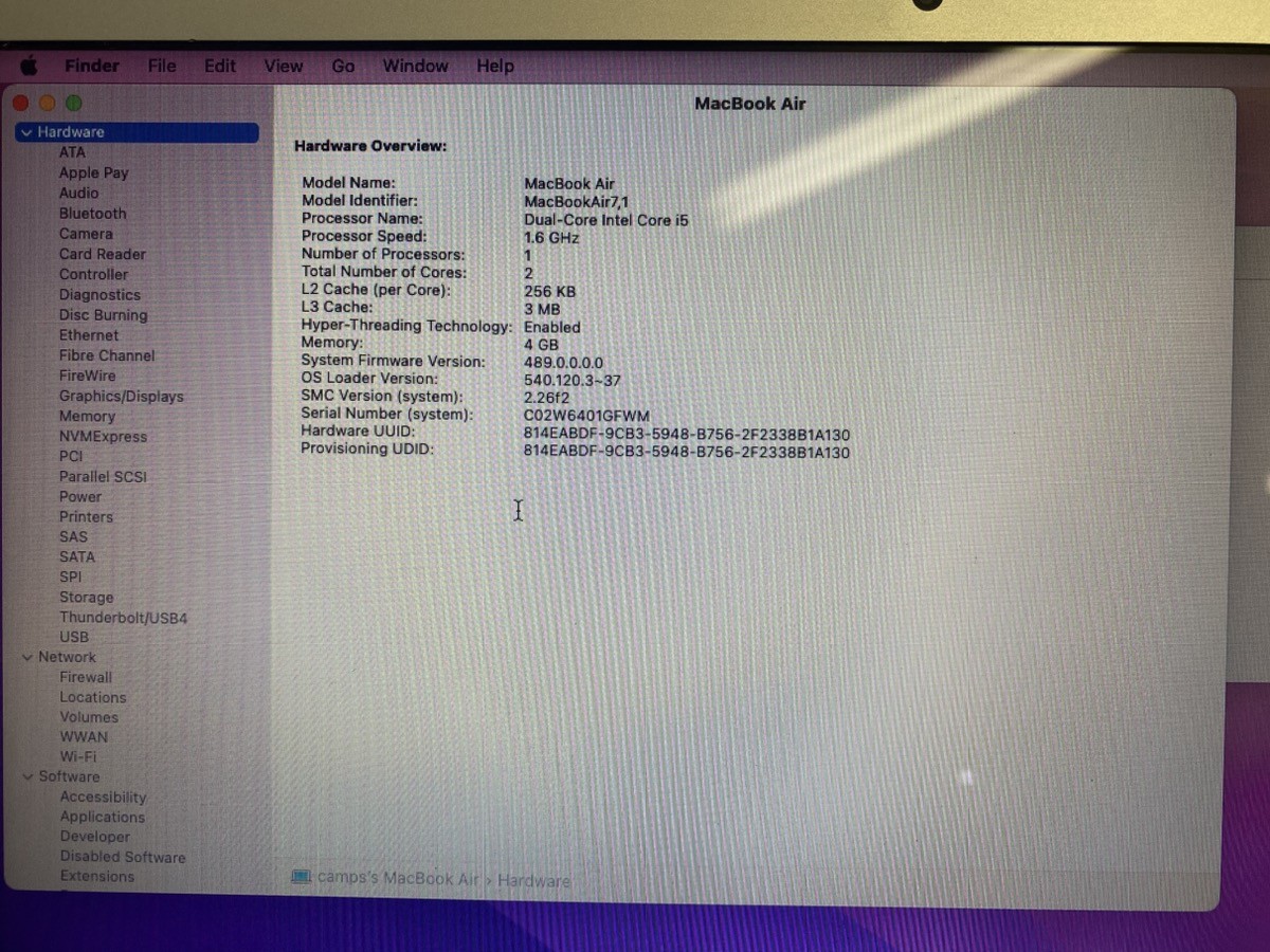 APPLE MACBOOK AIR A1465 2015 MODEL 1.6GHZ INTEL CORE i5 W/4GB MEM. (CJL006582)