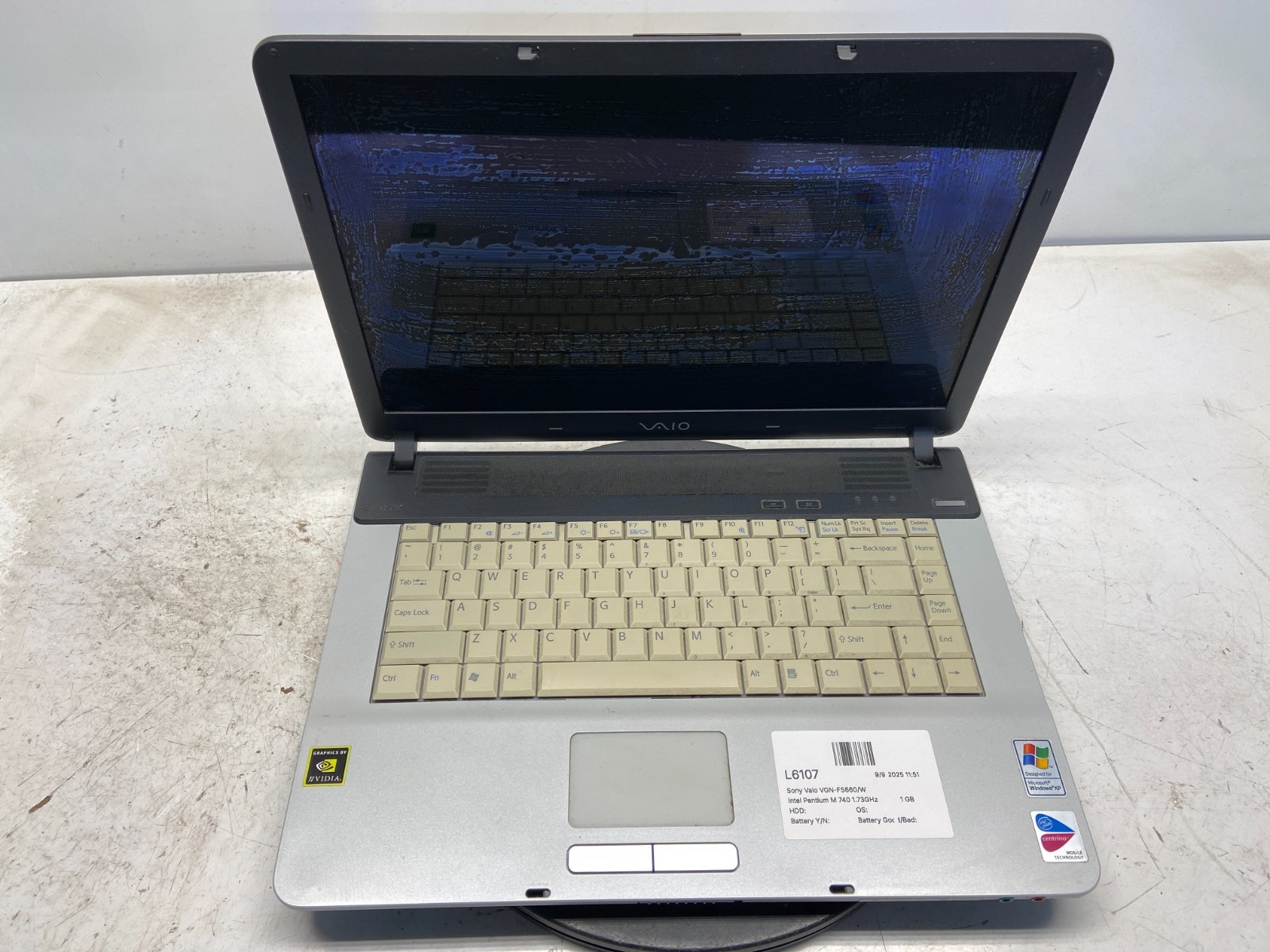 Sony Vaio VGN-FS660/W Intel Pentium M 740 1.73GHz 1 GB NO HDD