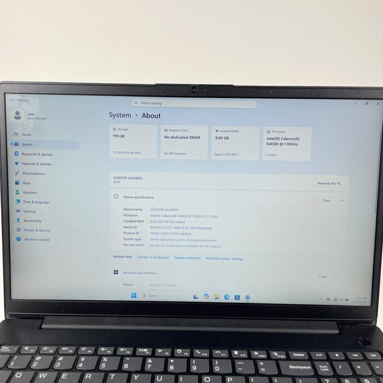 Broken Lenovo V15 G2 14″ Celeron N4500 1.1GHz 8GB RAM 128GB SSD Track Pad Broken