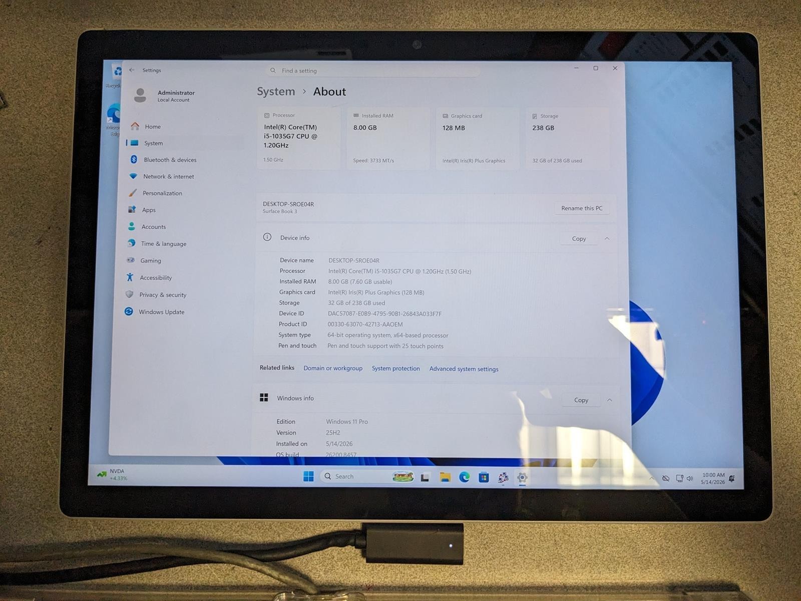 MICROSOFT SURFACE BOOK 3 1900 i5-1035G7 @ 1.20GHz, 8GB RAM, 256GB SSD