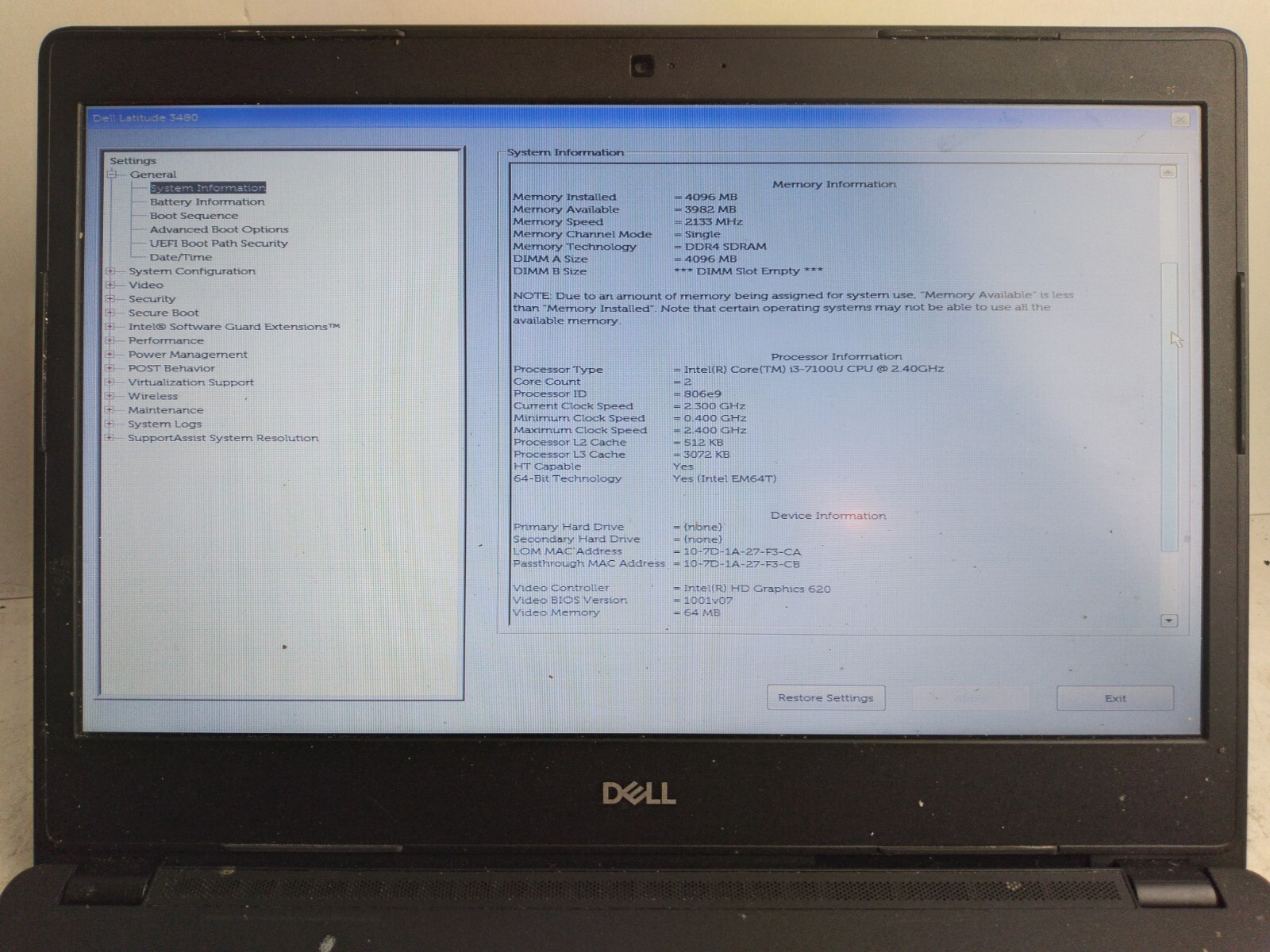 Dell Latitude 3480 w/i3-7100U, 4GB RAM, 14″ Laptop for Parts/Repair