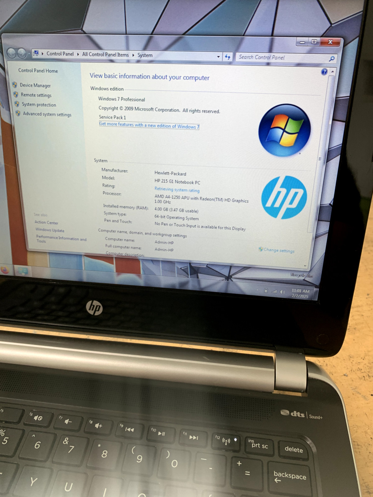 HP 215 G1 AMD A4-1258 APU 4GB 320GB HDD Windows 7 Pro Laptop
