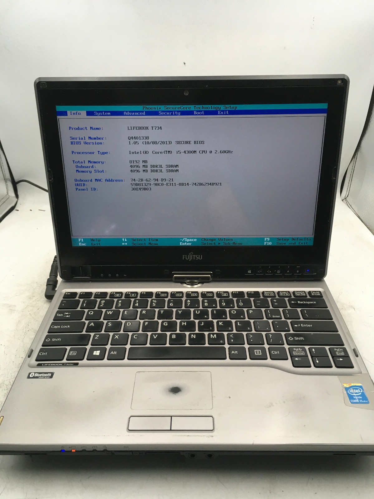 FUJITSU LIFE T734 – BOOTS TO BIOS – INTEL I5 4300U – 8GB RAM – NO OS – READ – BB