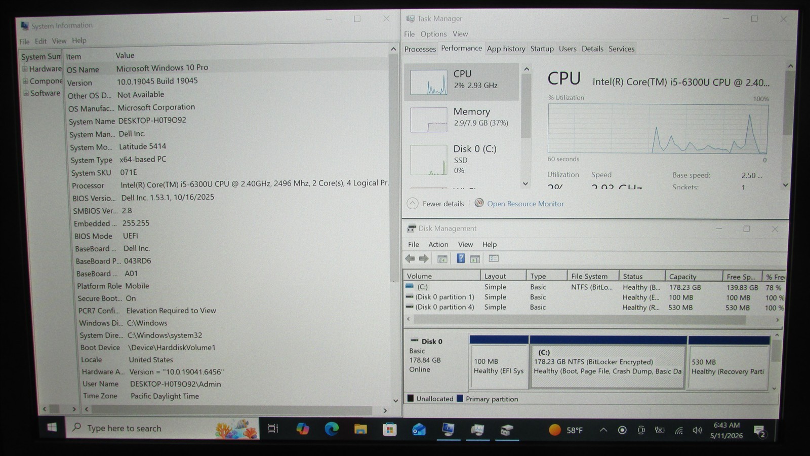 Dell Latitude 5414 i5-6300U 2.4GHz 8GB 192GB SSD 14″ W10P Touch BAD SPKRS NO BAT