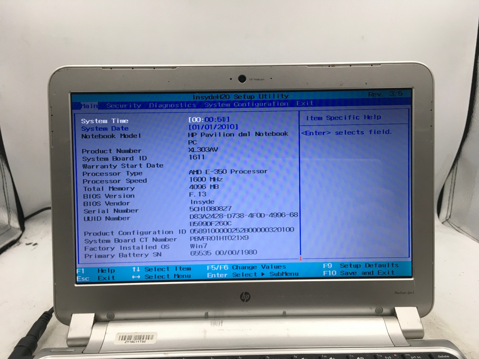 HP PAVILION DM1 – BOOTS TO BIOS – AMD E 350 – NO RAM – 11″ – READ DESCRIPTION-BB