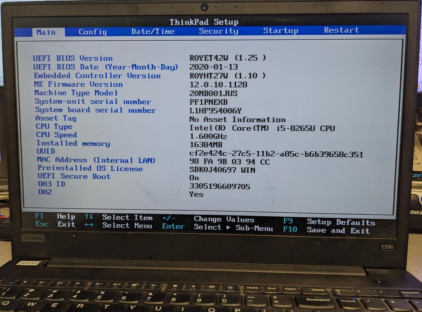 LENOVO THINKPAD E590 i5-8265U @ 1.60GHz, 16GB RAM, NO HDD/OS