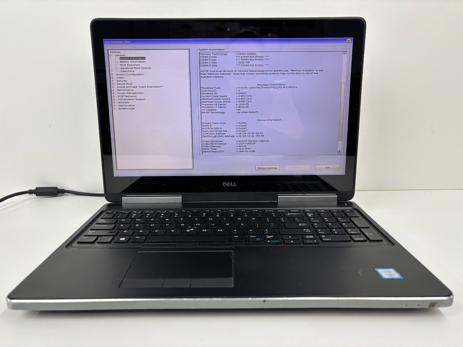 Dell Precision 7510 15.6″ Touchscreen I7-6920HQ 8GB NO SSD NO BATTERY PARTS