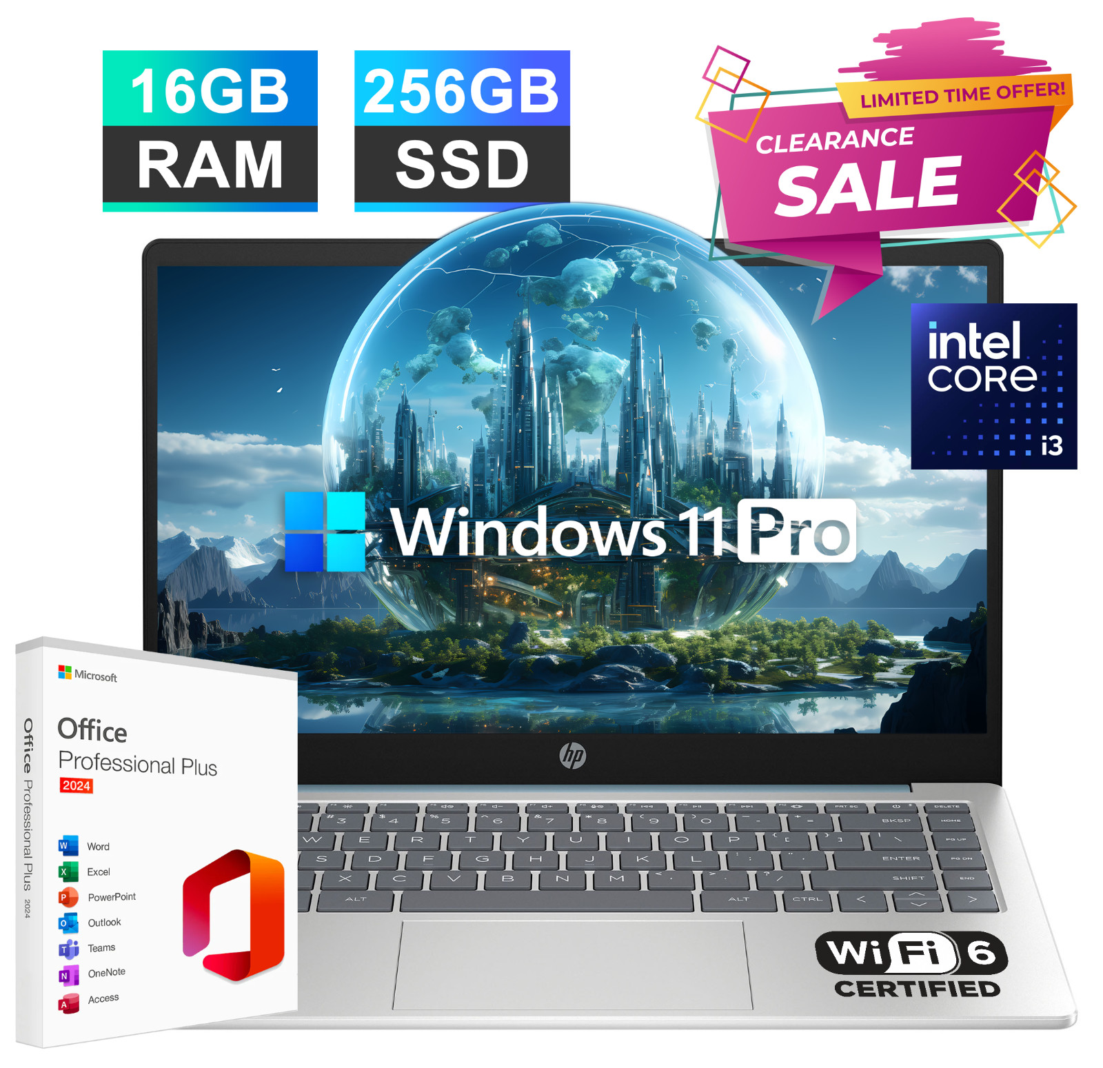 HP Laptop 14″ 8-Core Intel i3, 16GB RAM + 256GB SSD, Windows 11 Pro + MS Office