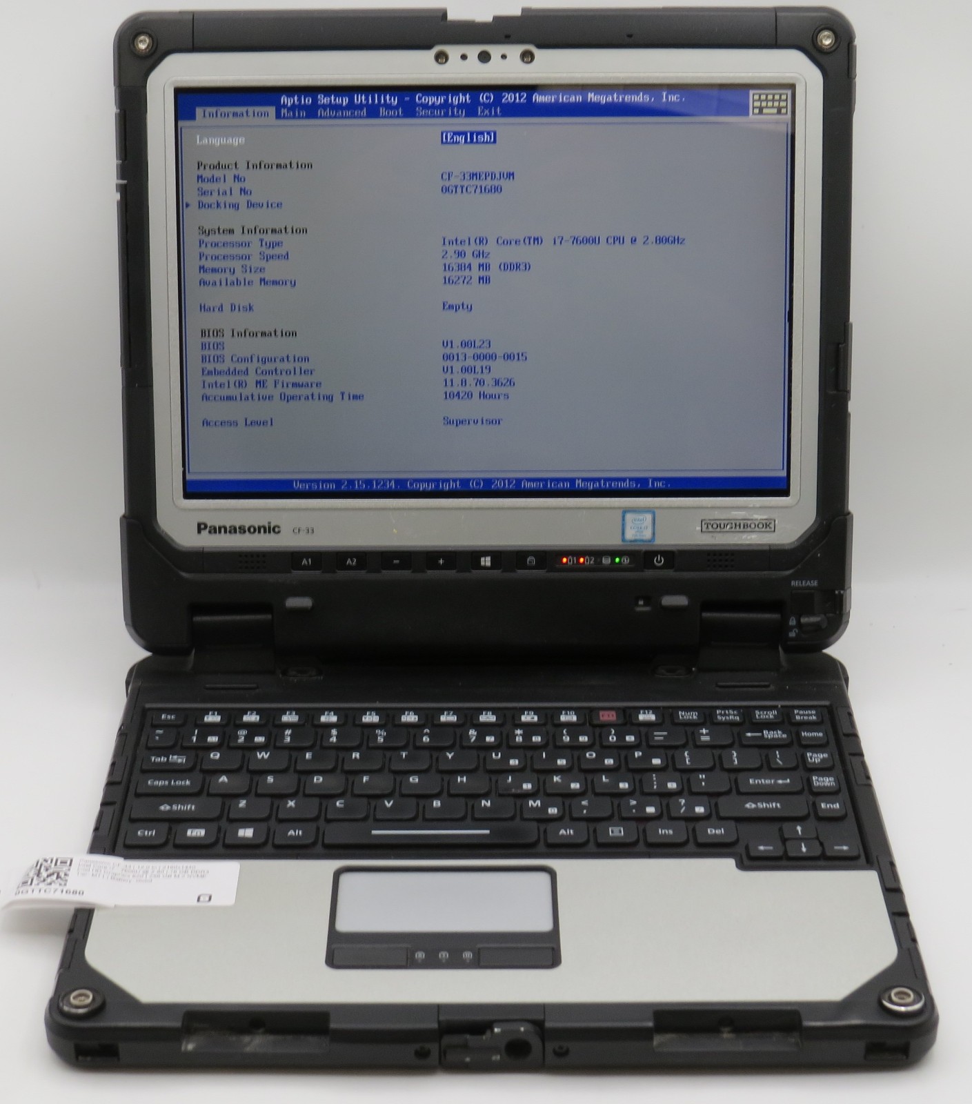 Panasonic CF-33 Toughbook i7-7600U@2.8 | 16/256GB SSD | 12″ Touch | No OS/AC