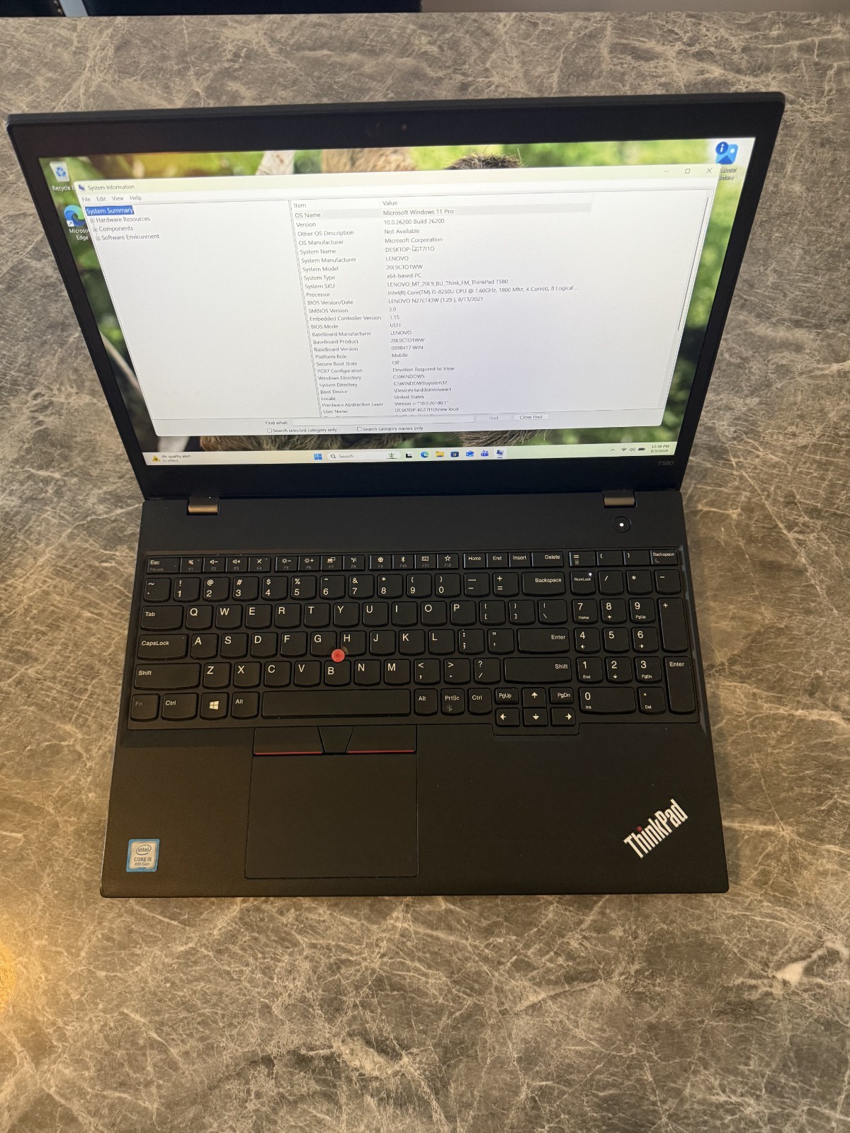 Lenovo ThinkPad T580 Intel i5-8250U 8GB RAM 240GB NVMe 15.6″ FHD Win 11 Pro