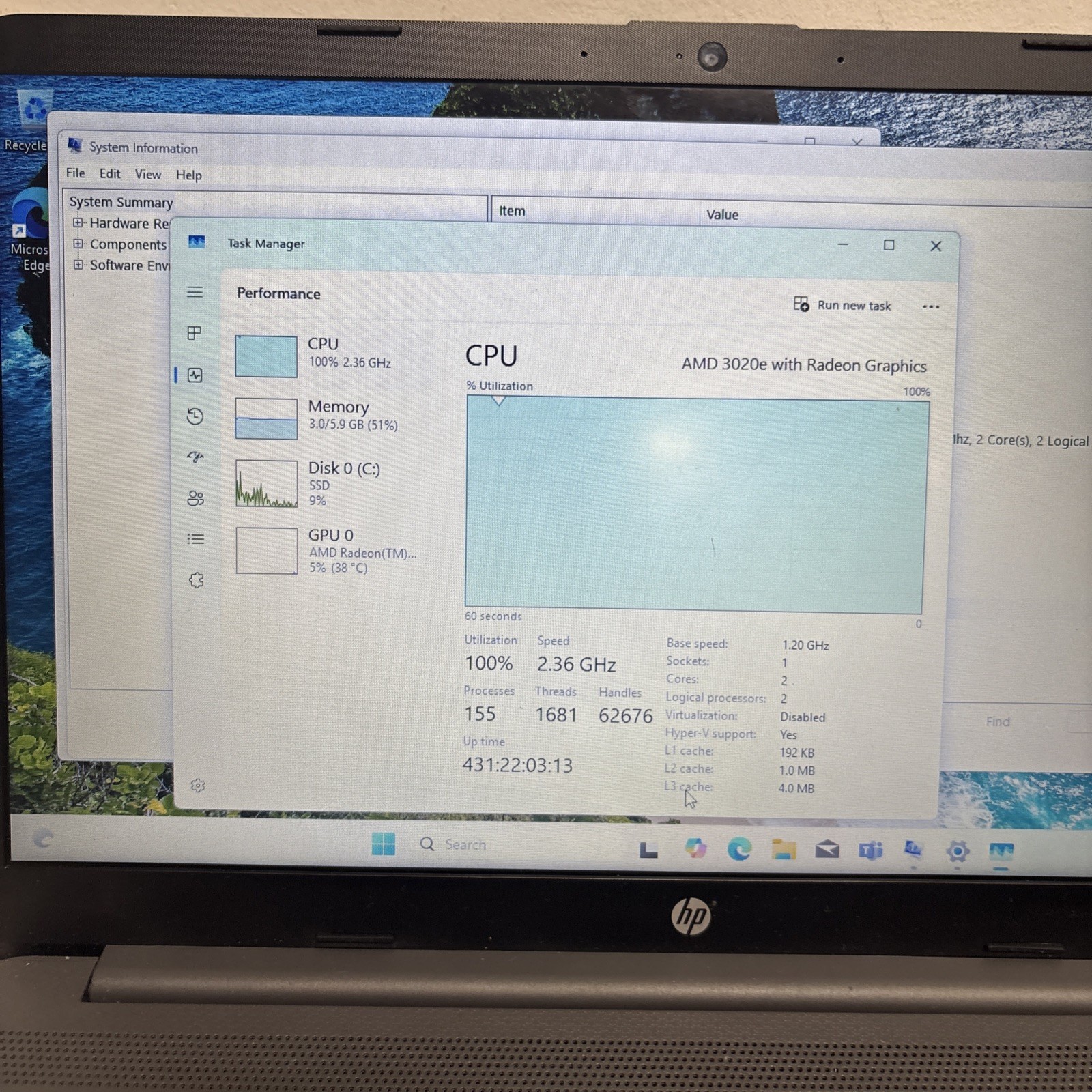 HP NoteBook 255 G8 15.6″ AMD 3020e 1.2GHz 8GB RAM 256GB SSD With Powecord