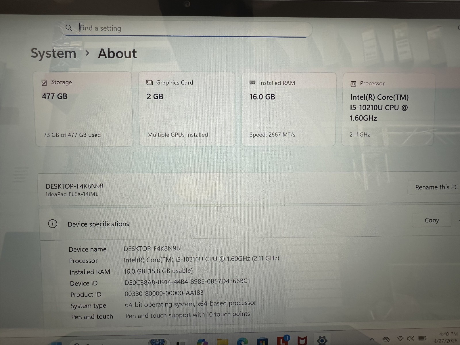 Lenovo 81XG IdeaPad Flex-14IML i5-10210U 16GB 512GB SSD 14” Win11 Pro