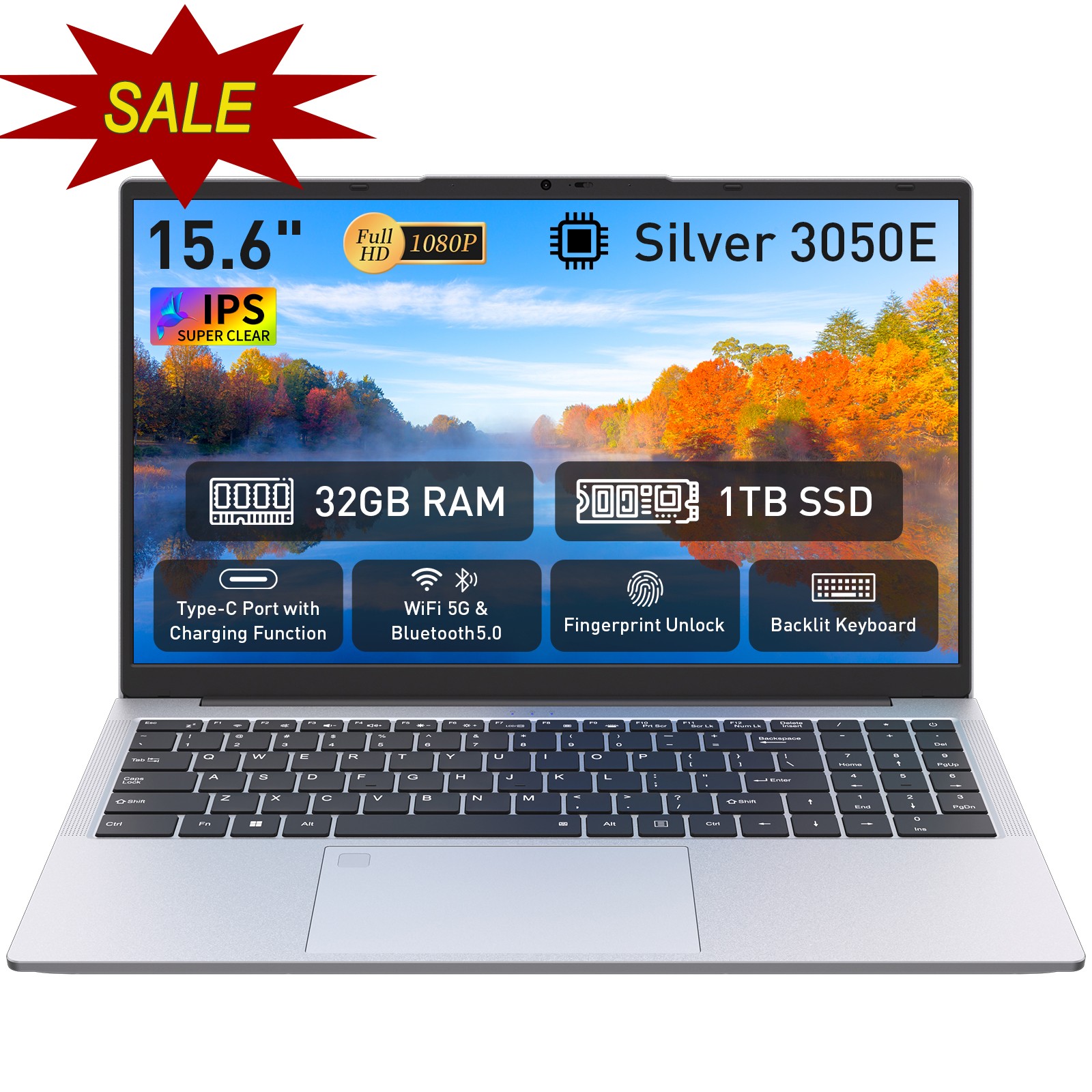 15.6″ FHD Laptop Win 11 Pro 3050E 32GB RAM 1TB SSD Fingerprint Backlit Keyboard