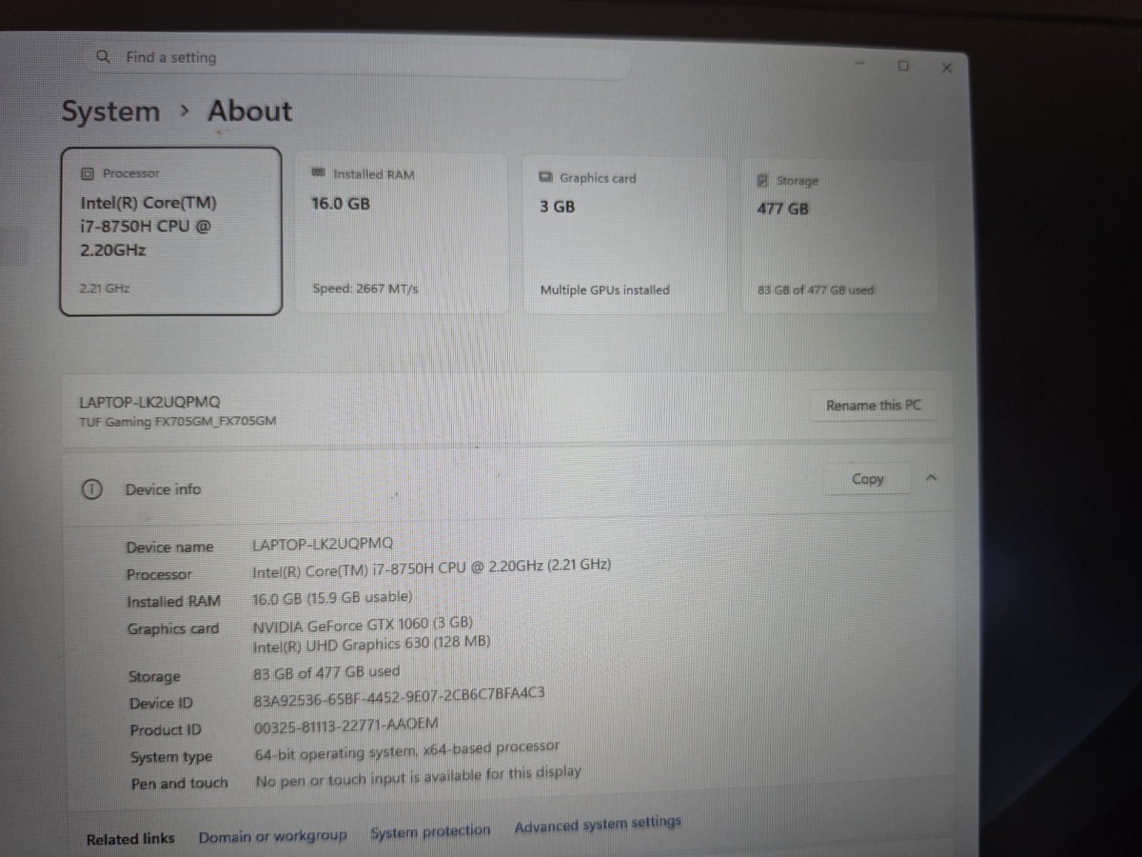 Asus TUF A17 FX705G 17.3″ i7-8750H 2.2GHz 16GB RAM 512GB SSD GeForce GTX 1060
