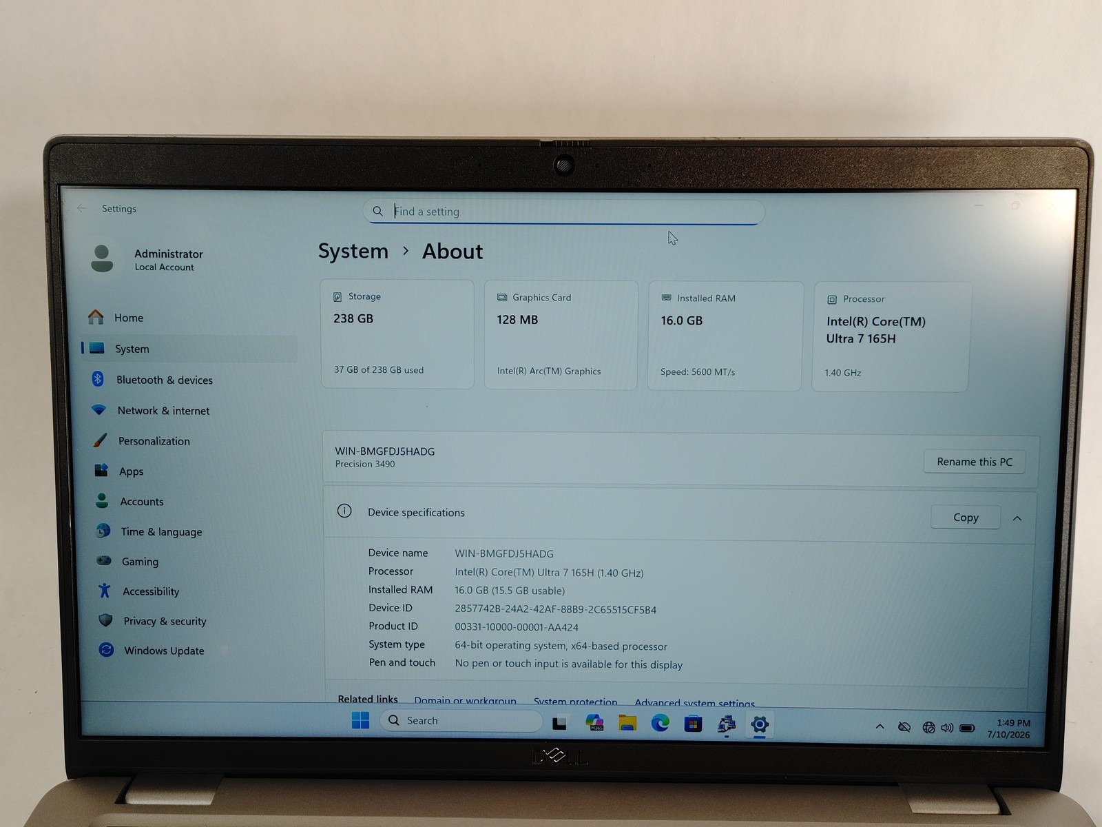Dell Precision 3490 Core Ultra 7 165H 1.40 GHz 16 GB DDR5 256 GB NVMe Windows 11