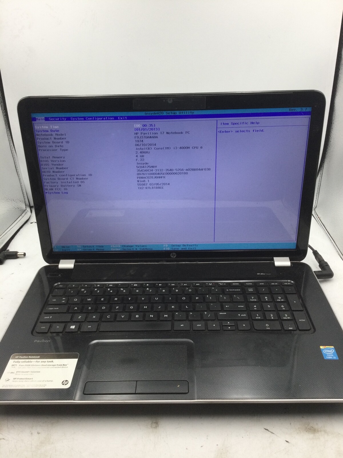 HP PAVILION 17 – BOOTS TO BIOS – INTEL I3 4000 – 4GB RAM – 17″ – READ DESC – BB!