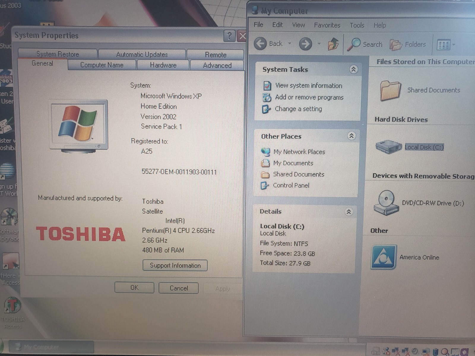 Vintage Toshiba Satellite A25-S207 Intel P4 2.66ghz 480mb 30gb WinXP W/power