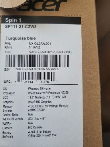 Acer Spin 1 Sp111-31 -4gb mem 32GB SSD Touch Screen/Tablet Boxed with Cord