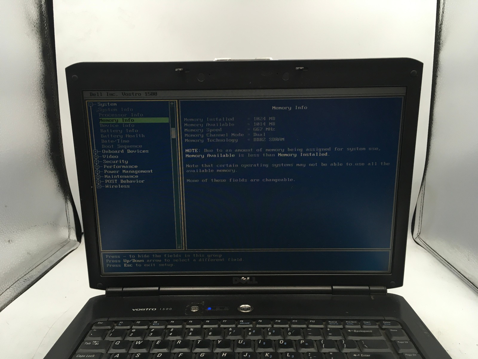 DELL VOSTRO 1500 – BOOTS TO BIOS – INTEL CORE 2 DUO – 1GB RAM – NO OS – READ -BB