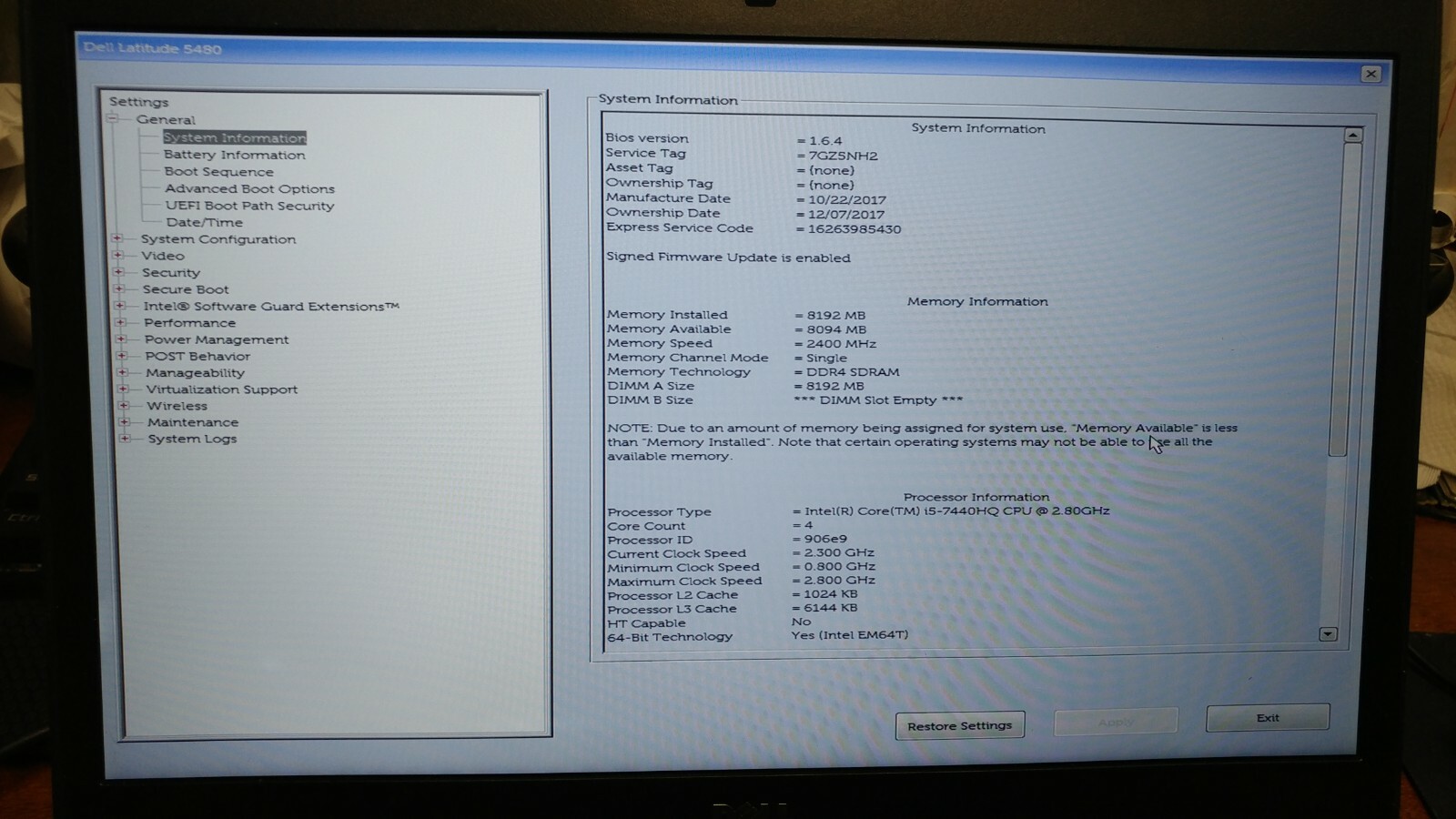Dell Latitude 5480 Intel Core i5-7440HQ, No DDR4