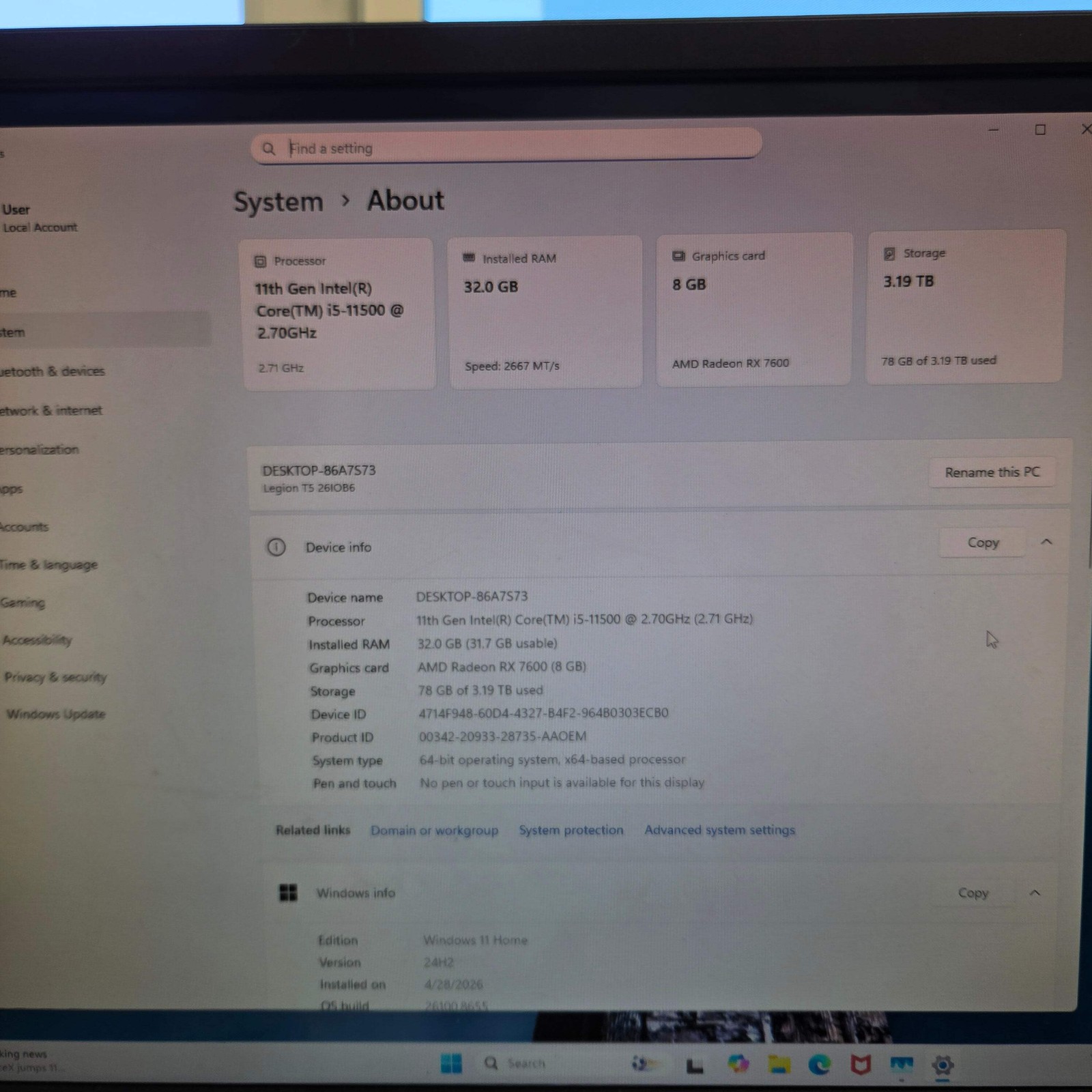 Lenovo Legion T5 201QB6 i5-11500 2.70GHz 32GB RAM 3 TB SSD Radeon RX 7600