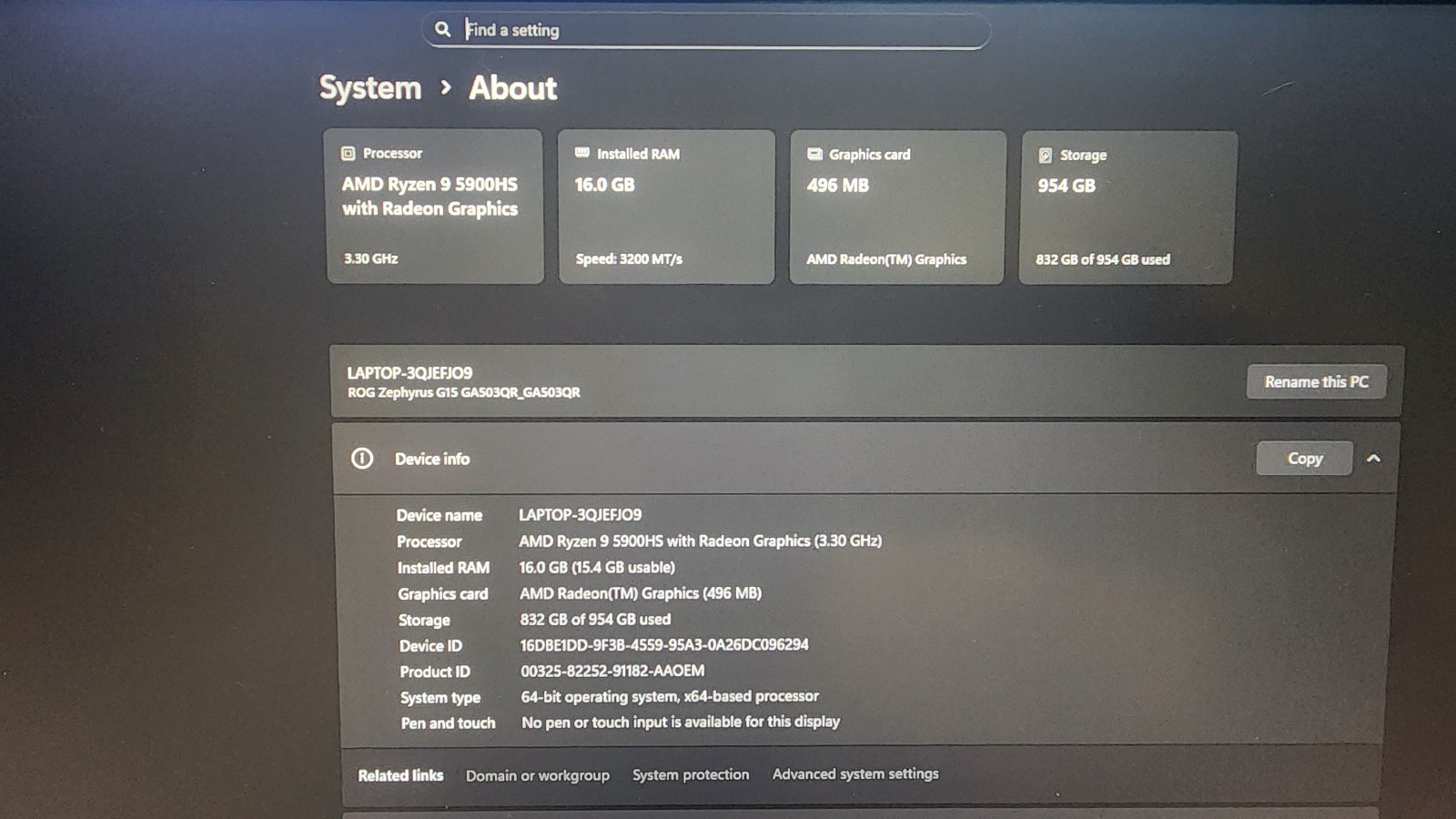 ASUS ROG Zephyrus G15 GA503QR RTX 3070 Ryzen 9 5900HS 16GB 1TB SSD 15.6″ QHD 165