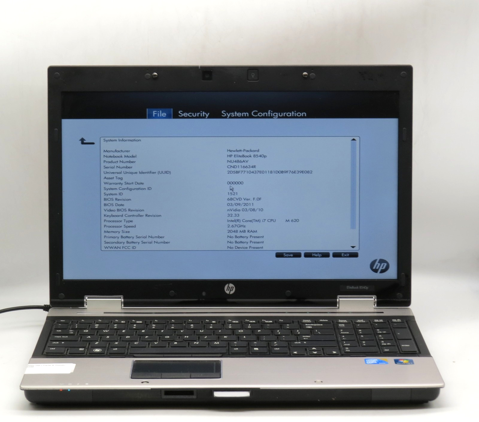 HP EliteBook 8540p _ i7-870 @ 2.6 _ 4GB DDR3 _ No SSD / OS _ w/ AC *PARTS