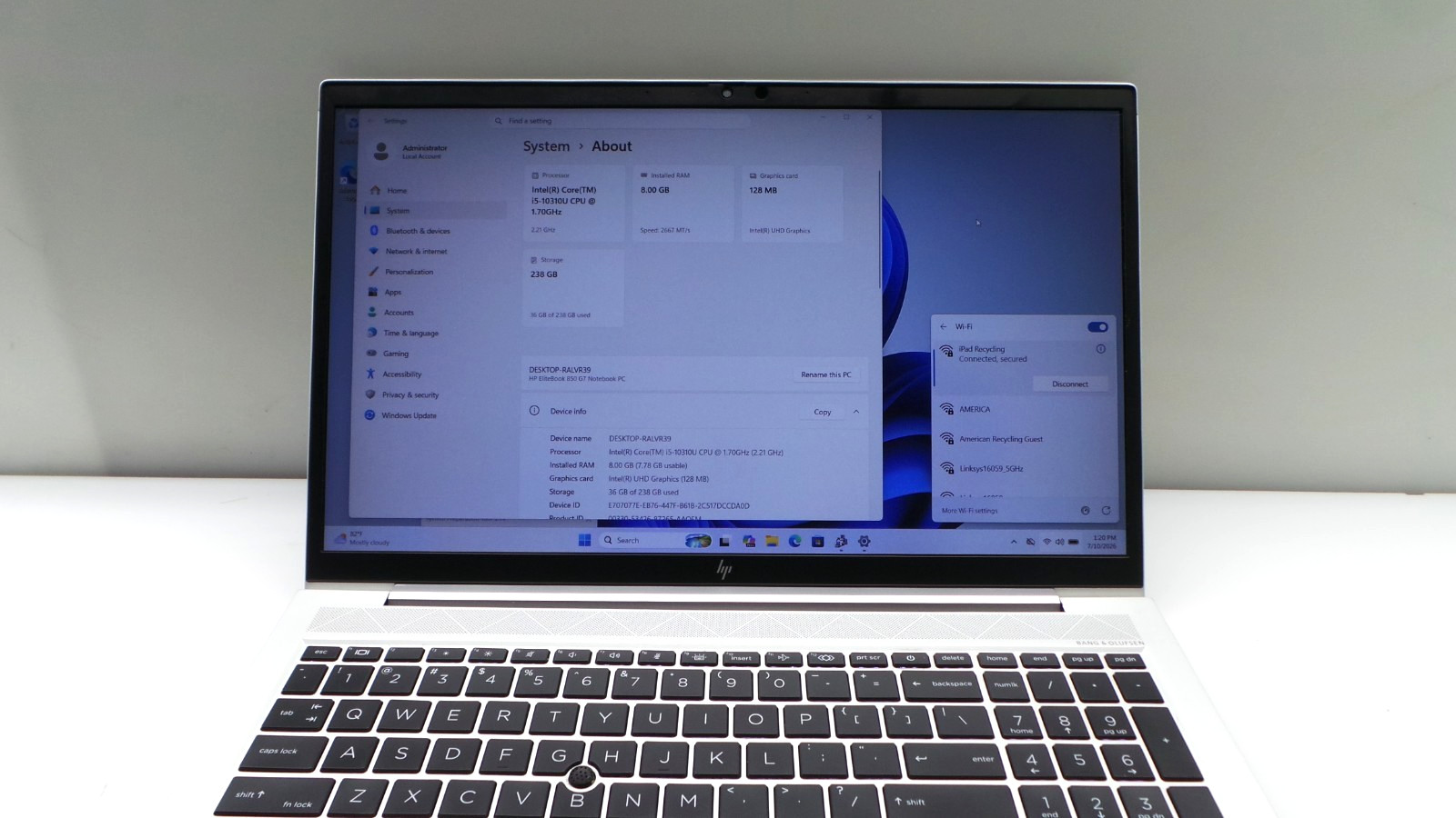 HP EliteBook 850 G7 15.6″ | i5-10310U 1.70GHz | 8GB RAM 256GB NVMe | WIN 11 PRO