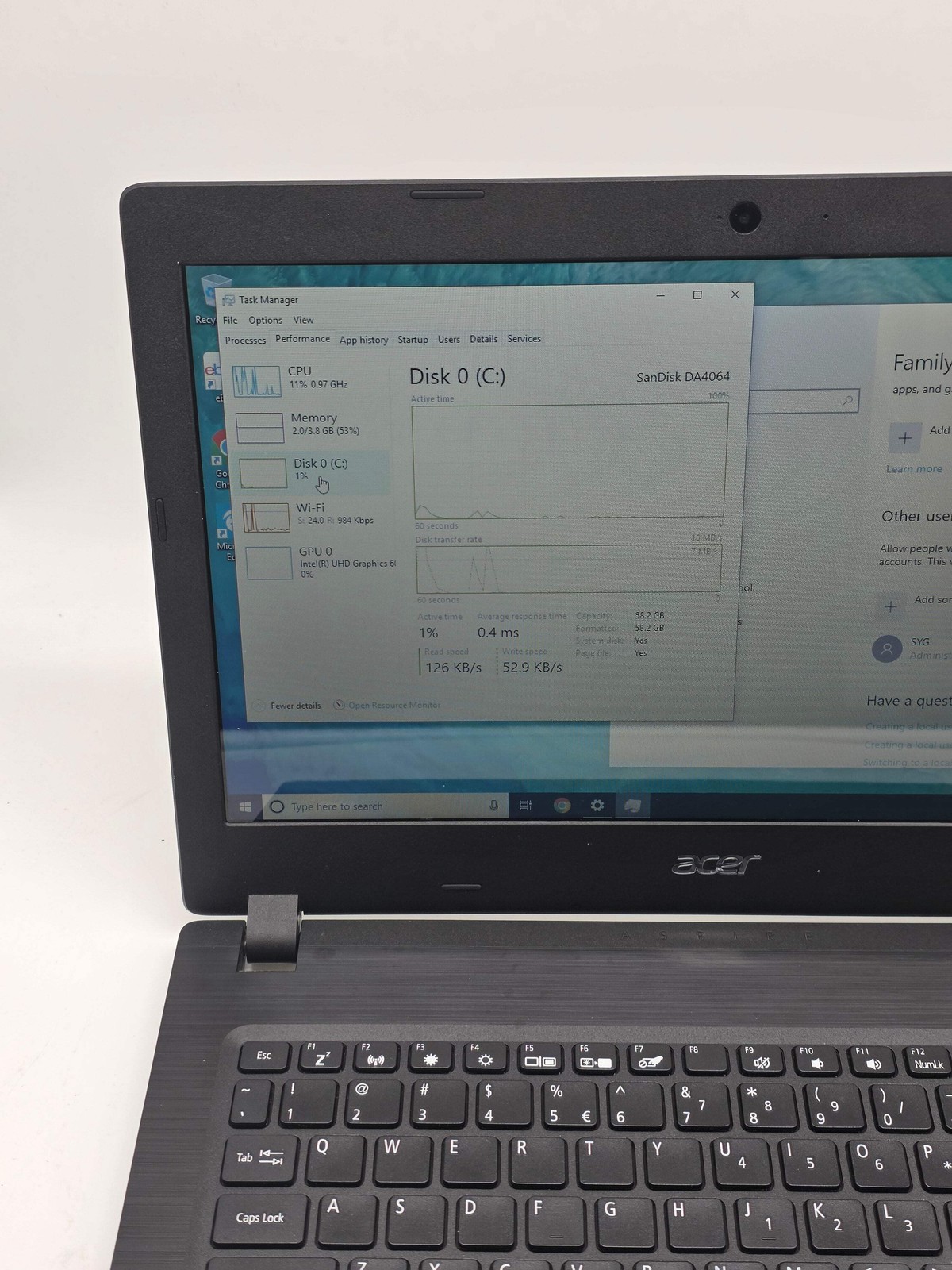 Acer Aspire 1 14″ Celeron N4000 4GB 64GB SSD Laptop Parts Only (Bad Battery)