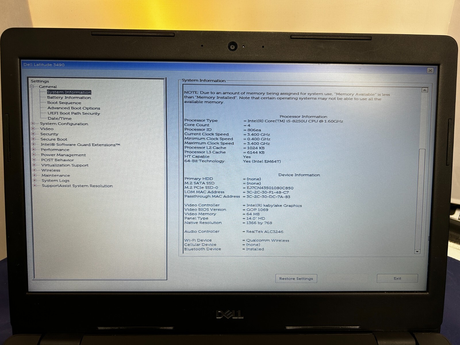 DELL LATITUDE 3490 14″ INTEL CORE i5-8250U 1.60GHZ 8GB RAM 256GB SSD W10PRO