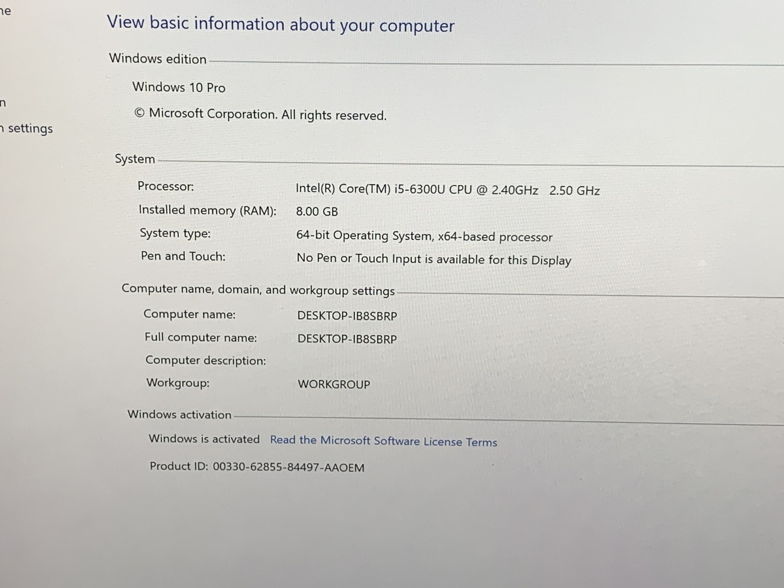 MICROSOFT SURFACE 1724 i5-6300U@2.40GHZ 16GB RAM 256GB NVME W10P W/AC TOUCH*READ