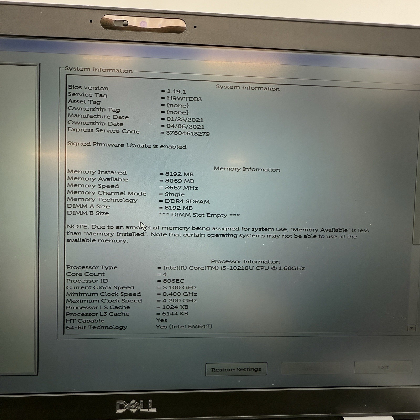 Dell Latitude 5410 14″ Intel i5-10210U @1.60GHz NO RAM/SSD “Loud Fan” L19
