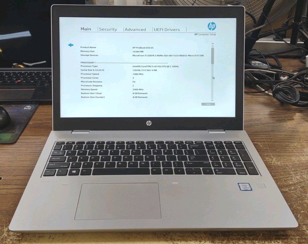 HP Probook 650 G5 Laptop W/ Intel i3-8145U 2.10GHz, 16GB, 512GB.