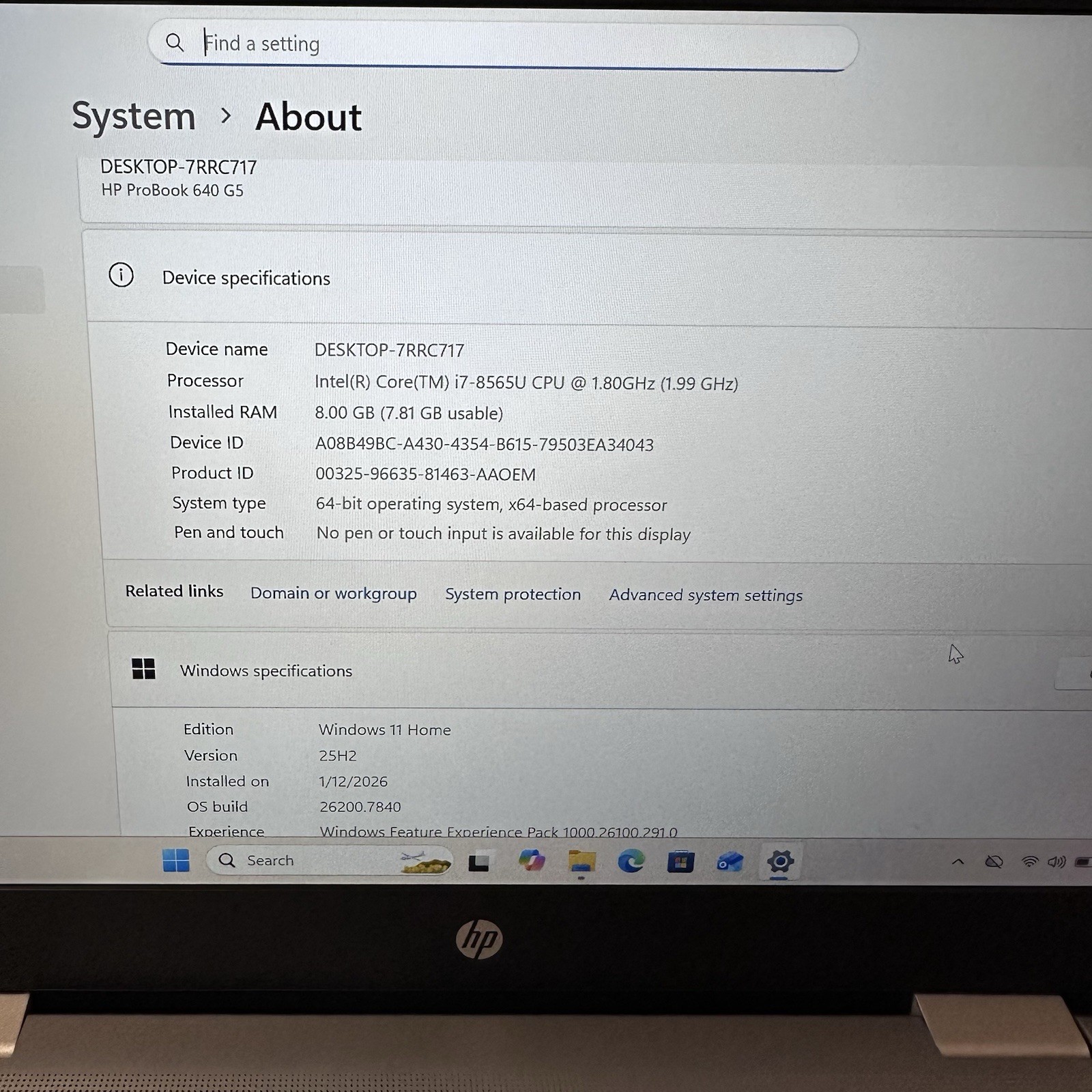 HP ProBook 640 G5 14” I7-8565U 1.8GHz, 8GB RAM, 256GB NVMe, 1920 x 1080