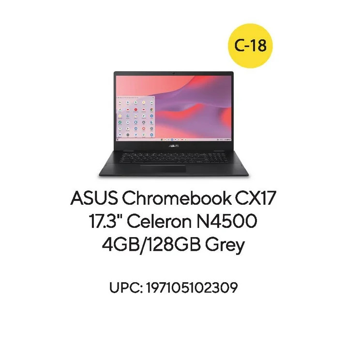 ASUS Chromebook 17.3” FHD, Intel Celeron N4500, 4GB RAM, 128GB, Mineral Gray