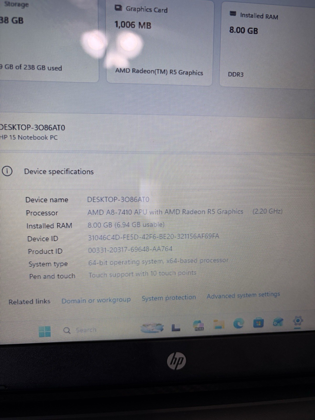 HP 15-1387wm 15.6″ Touchscreen /AMD A8-7410@2.20GHz/4GB/120GB SSD/Win 10/Wifi