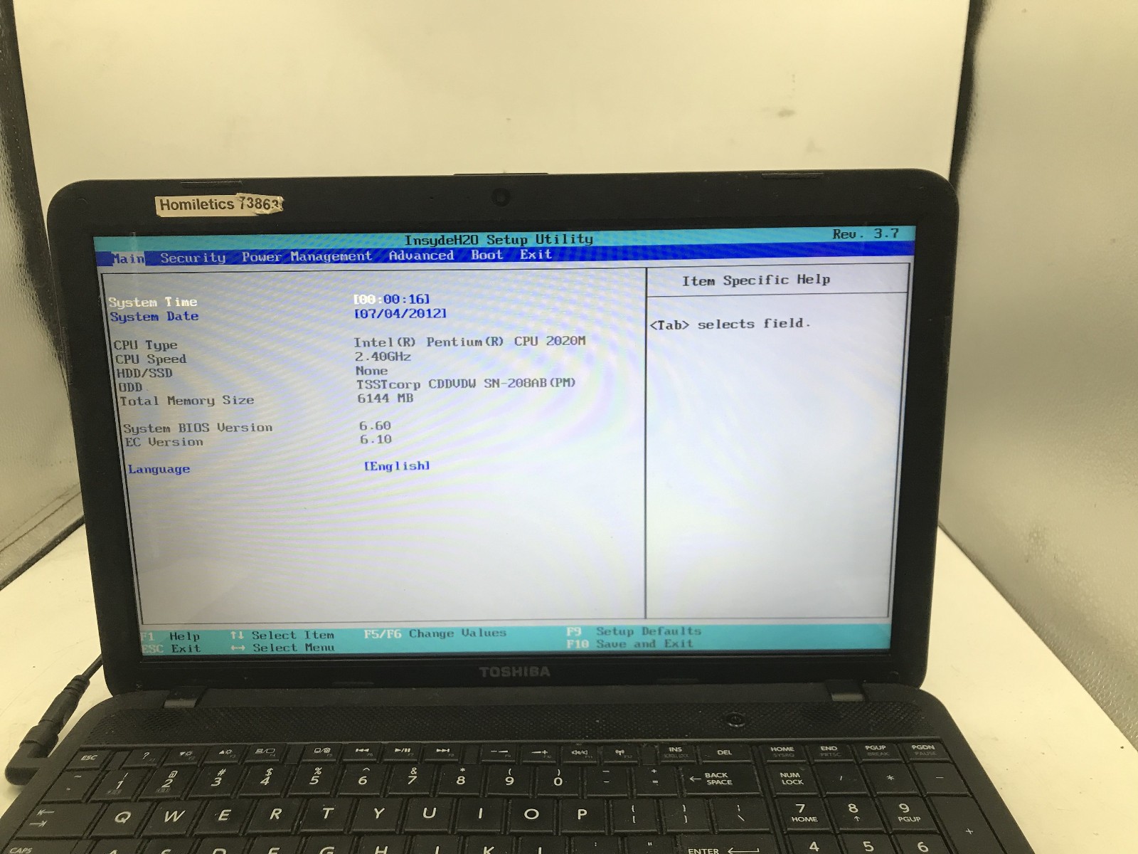 TOSHIBA SATELLITE C855 S5190 – BOOTS TO BIOS – INTEL PENTIUM 2020M – 6GB RAM -BB
