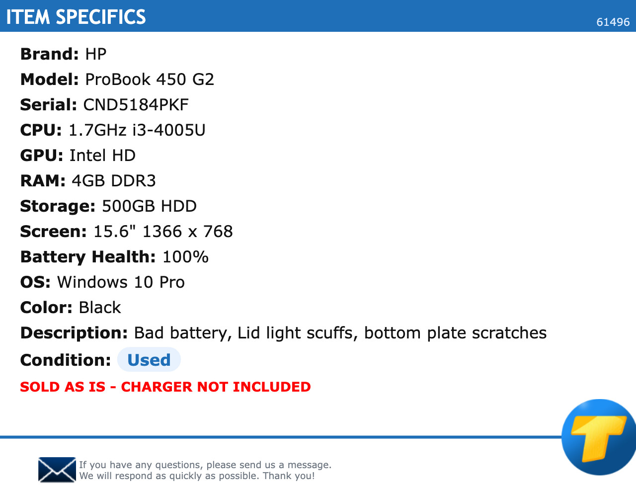 HP ProBook 450 G2 – 15.6″ HD, 1.7GHz i3, 4GB RAM, 500GB HDD, Windows 10 Pro