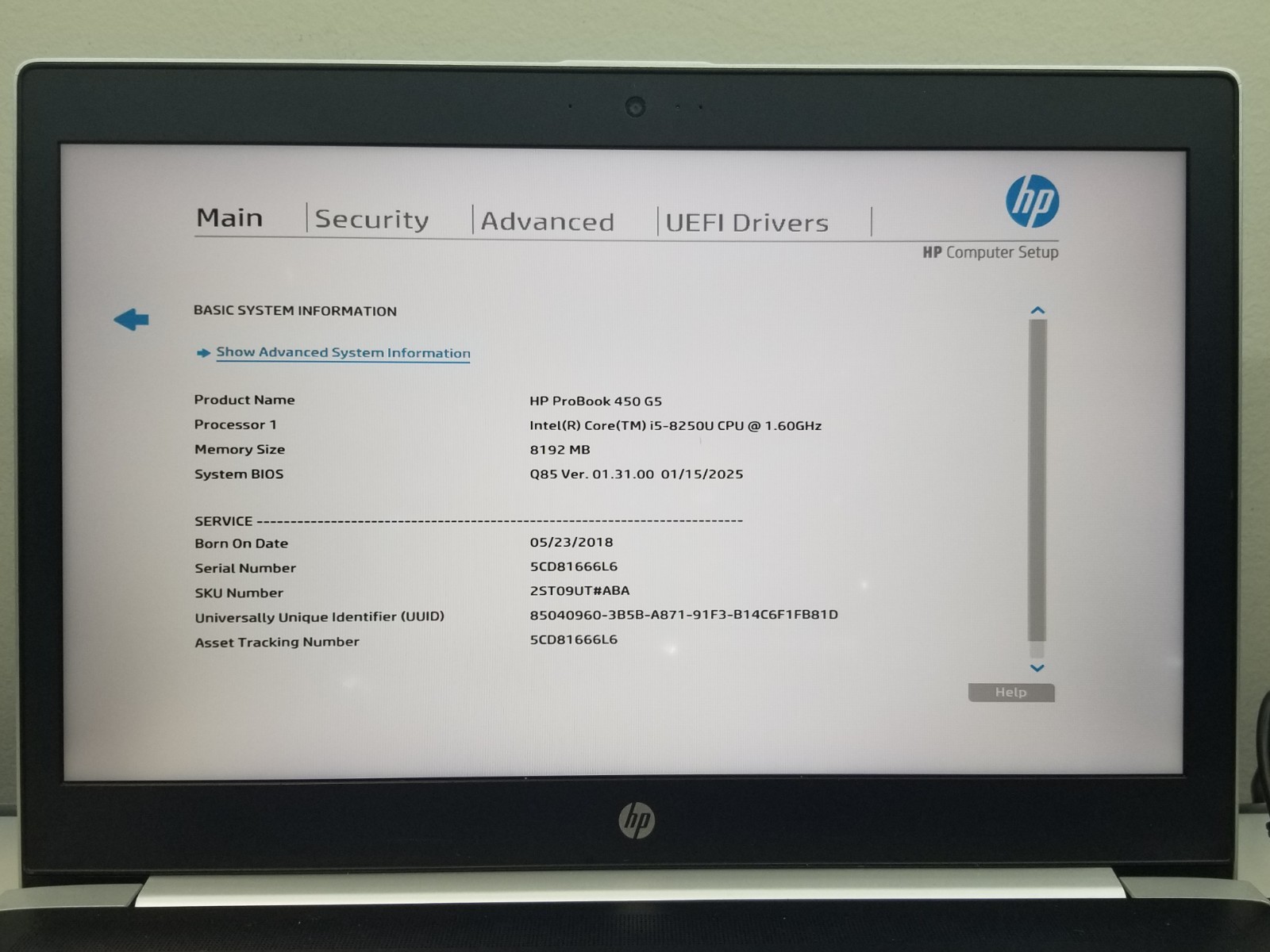 HP ProBook 450 G5 15.6″ FHD i5-8250U 1.6GHz 8GB RAM 256GB NVMe Win 11 Pro NO AC