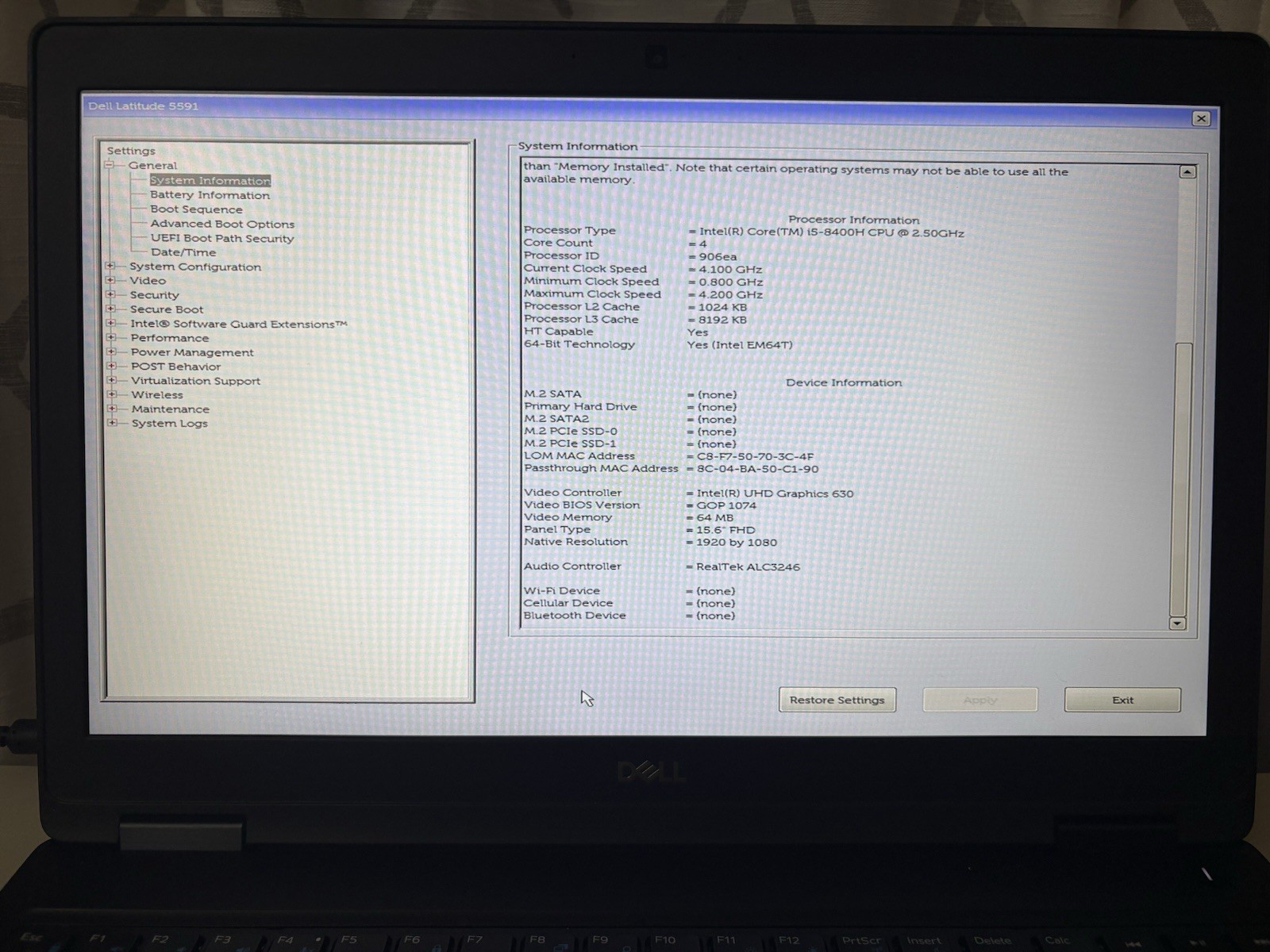 DELL LATITUDE 5591 15.6″ i5-8400H, **READ, NO SSD, NO RAM**