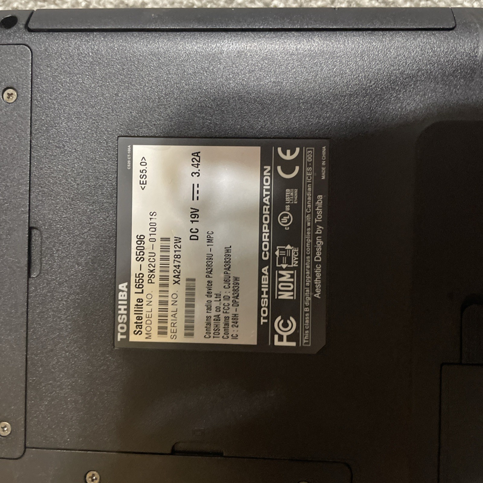 Toshiba Satellite L655-S5096 | Intel Pentium P6100 2.00GHz | 8GB RAM | NO HDD/OS