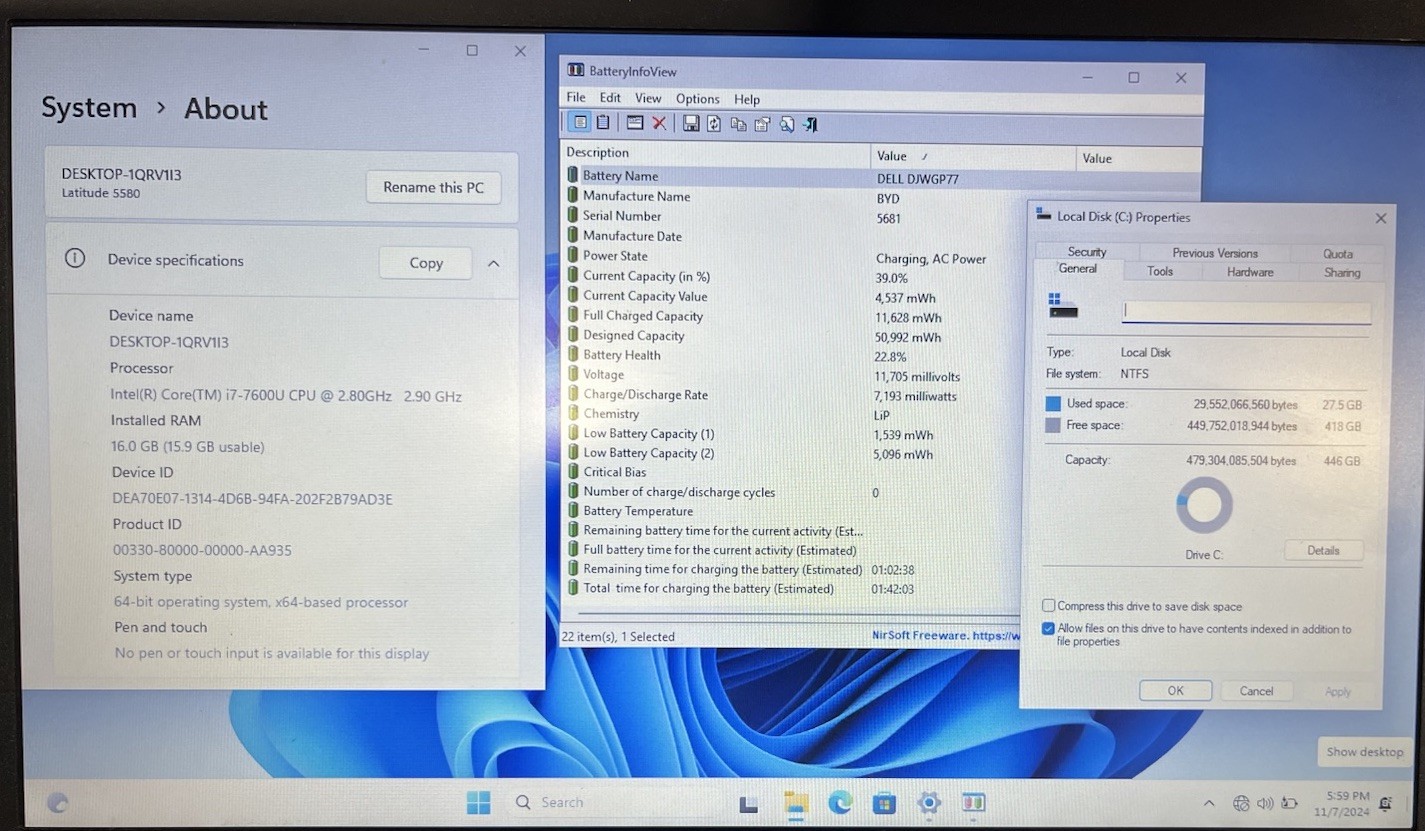 Dell Latitude 5580, Intel Core i7-7600U @2.80GHz, 16GB RAM, 500GB SSD, W11