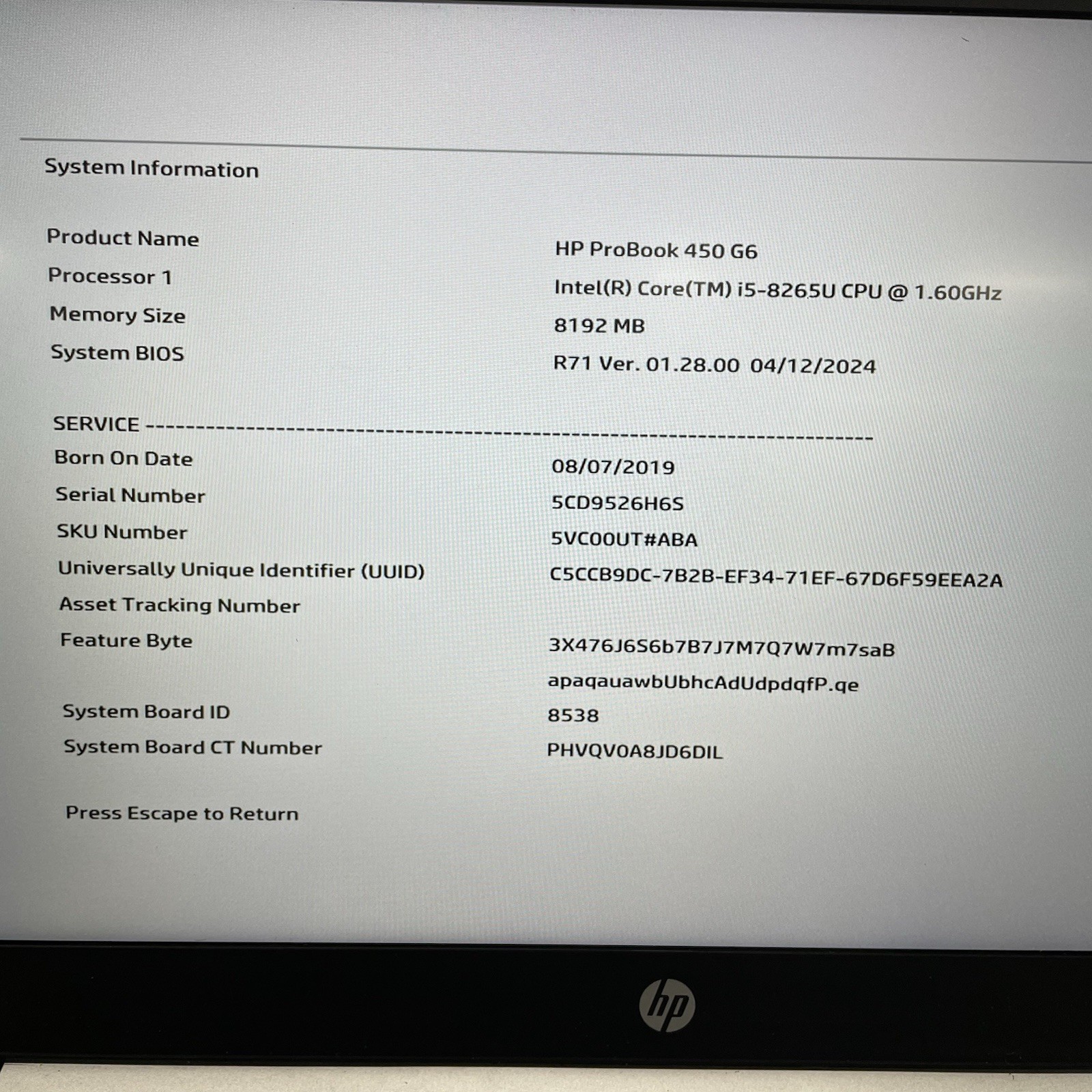 HP ProBook 450 G6 15.6″ i5-8265U 1.60 GHz 8 GB RAM No SSD No OS No AC