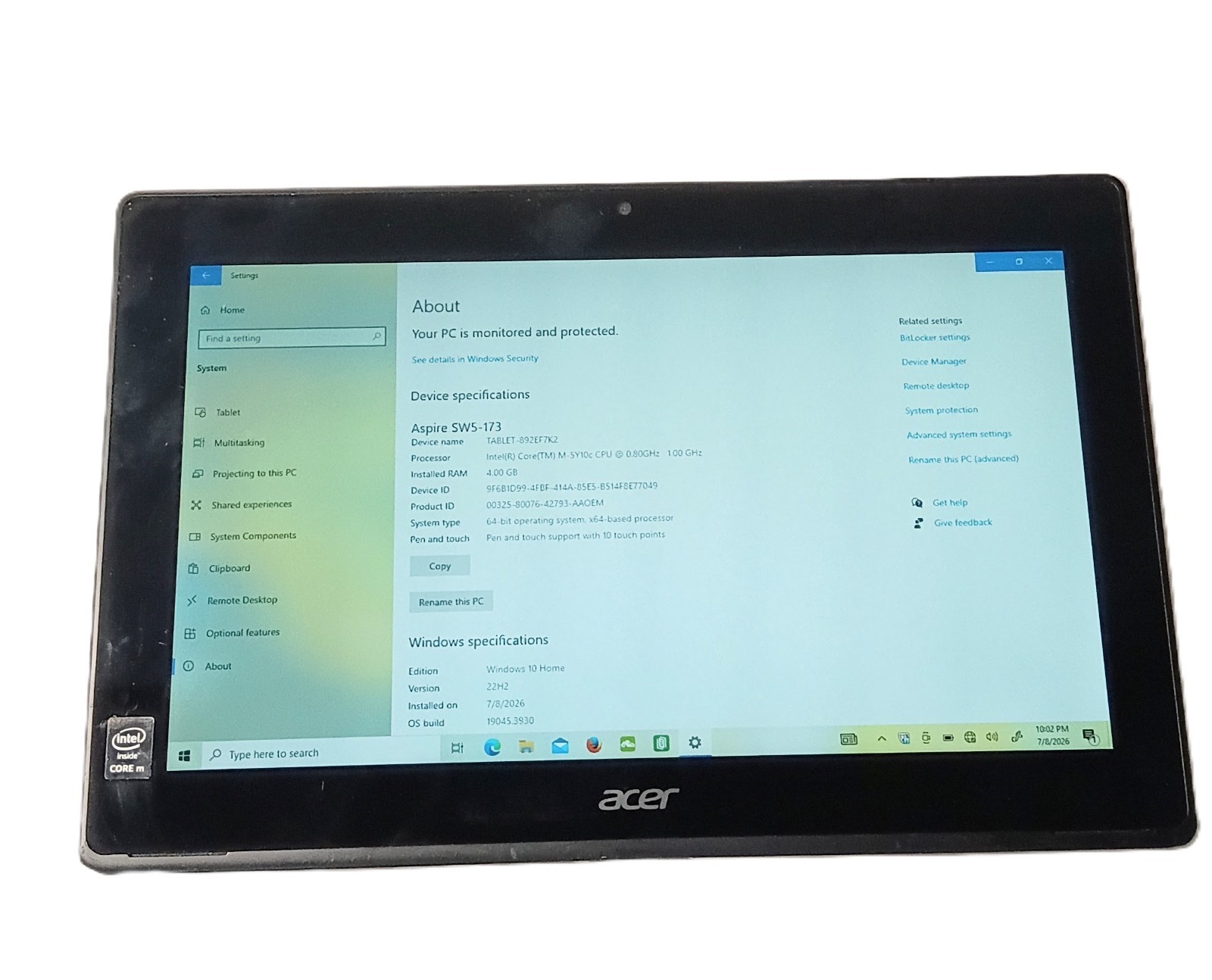 Acer Aspire Switch 11 V 11.6″ SW5-173 Intel M 5Y10c 4GB RAM 128GB SSD No Charger